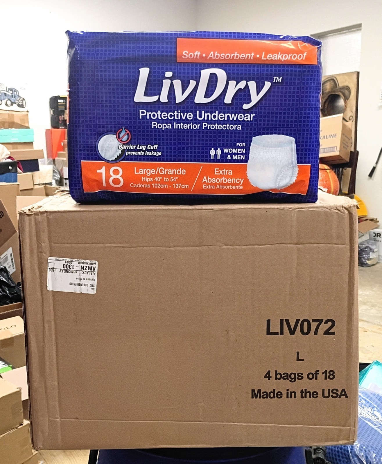 Case Of 72 Count LivDry Protective Underwear Women & Men Large Extra Abdorbent