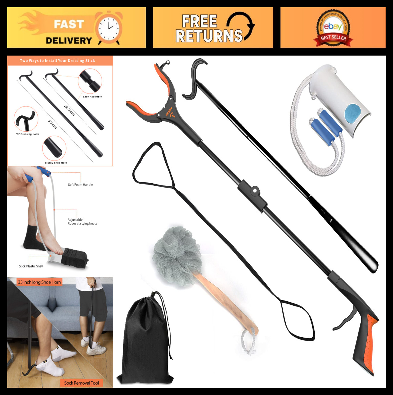 7-in-1 Hip Replacement Recovery Kit, Grabber Reacher, Sock Aid, Shoe Horn & More