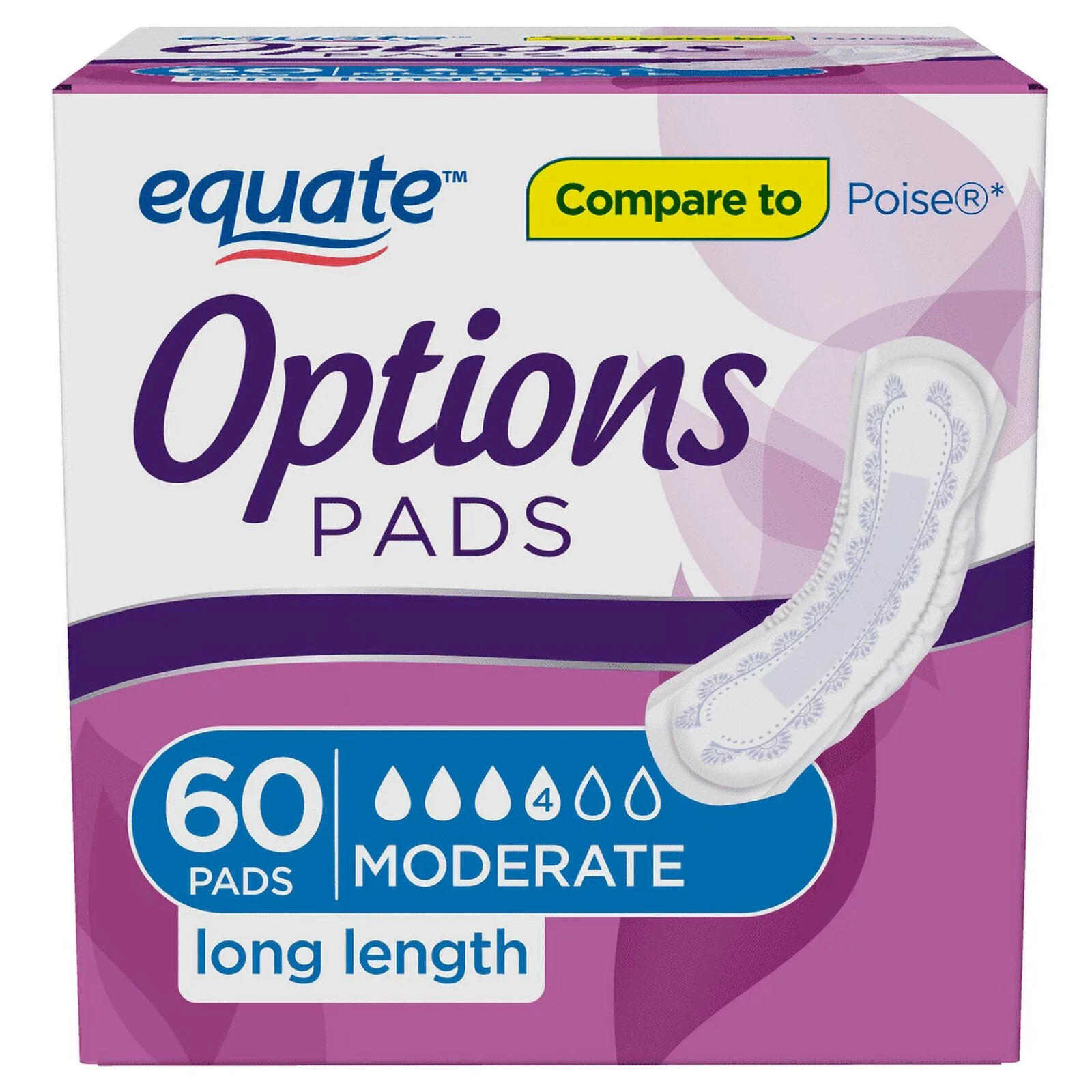 Equate Women’s Incontinence Pads, Moderate Long Length 240 Count (4 Packs of 60)