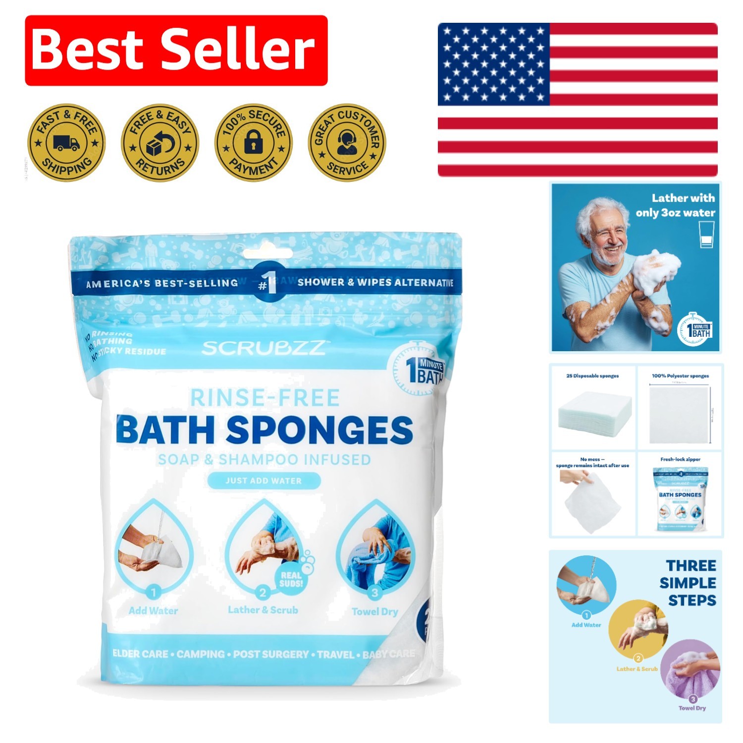 Water-Activated Rinse-Free Bathing Wipes – Hypoallergenic, Unscented – 25 Count