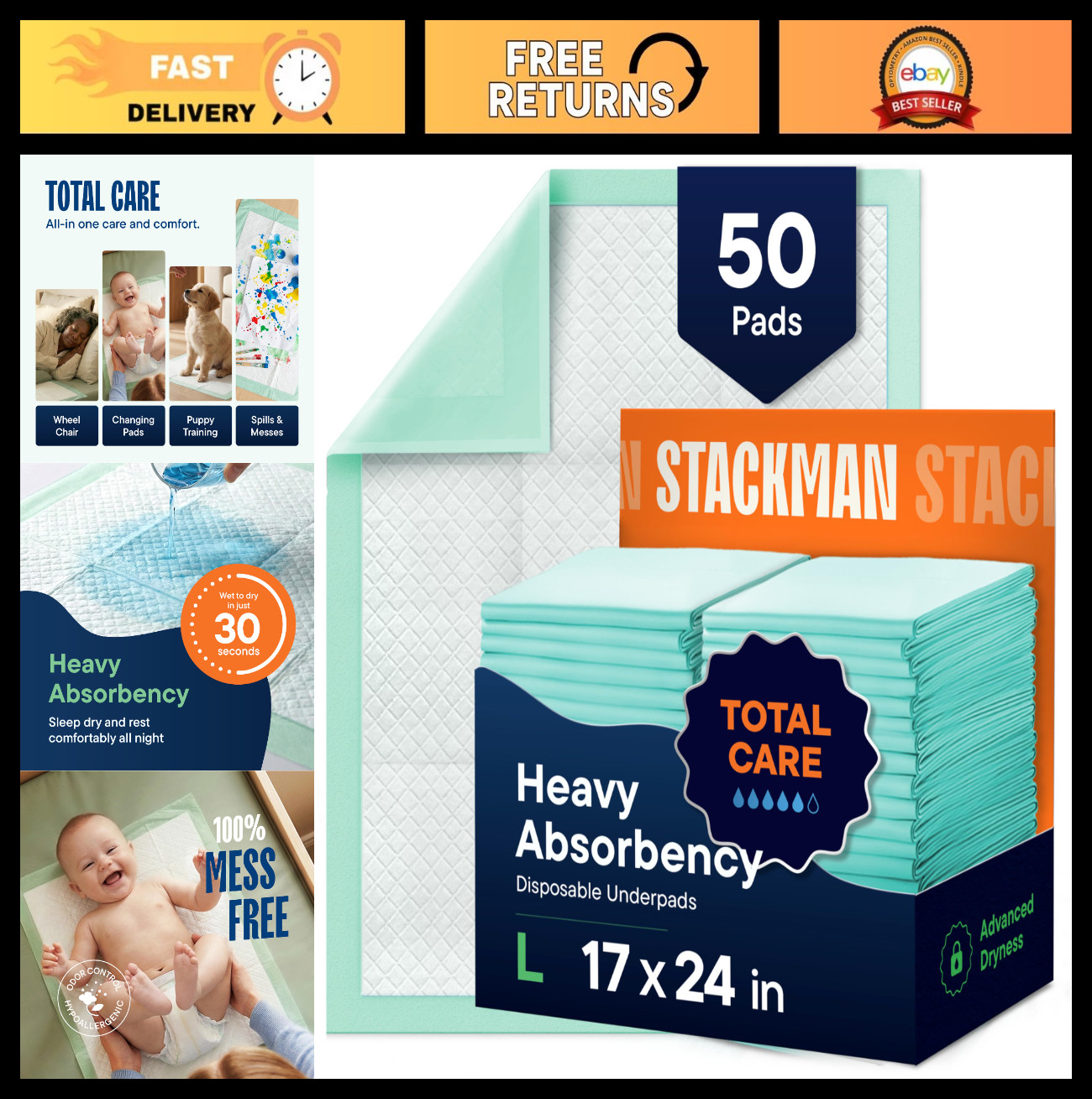 Disposable Underpads 50-Pack 17″x24″ – Dog Pee Pads, Baby Changing Table, Incont