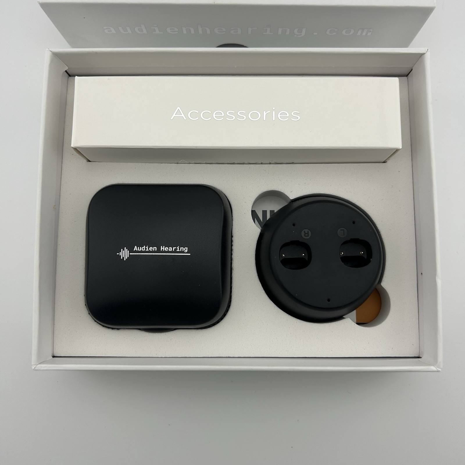 New Open Box AUDIEN HEARING EV3 Aids w/ Charging Base, Guards, Case