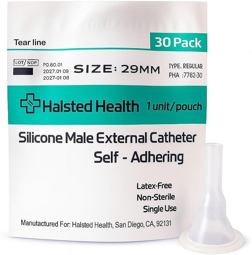 29mm Silicone Male External Catheter – Self-Adhesive & Kink Resistant, 30 Pack