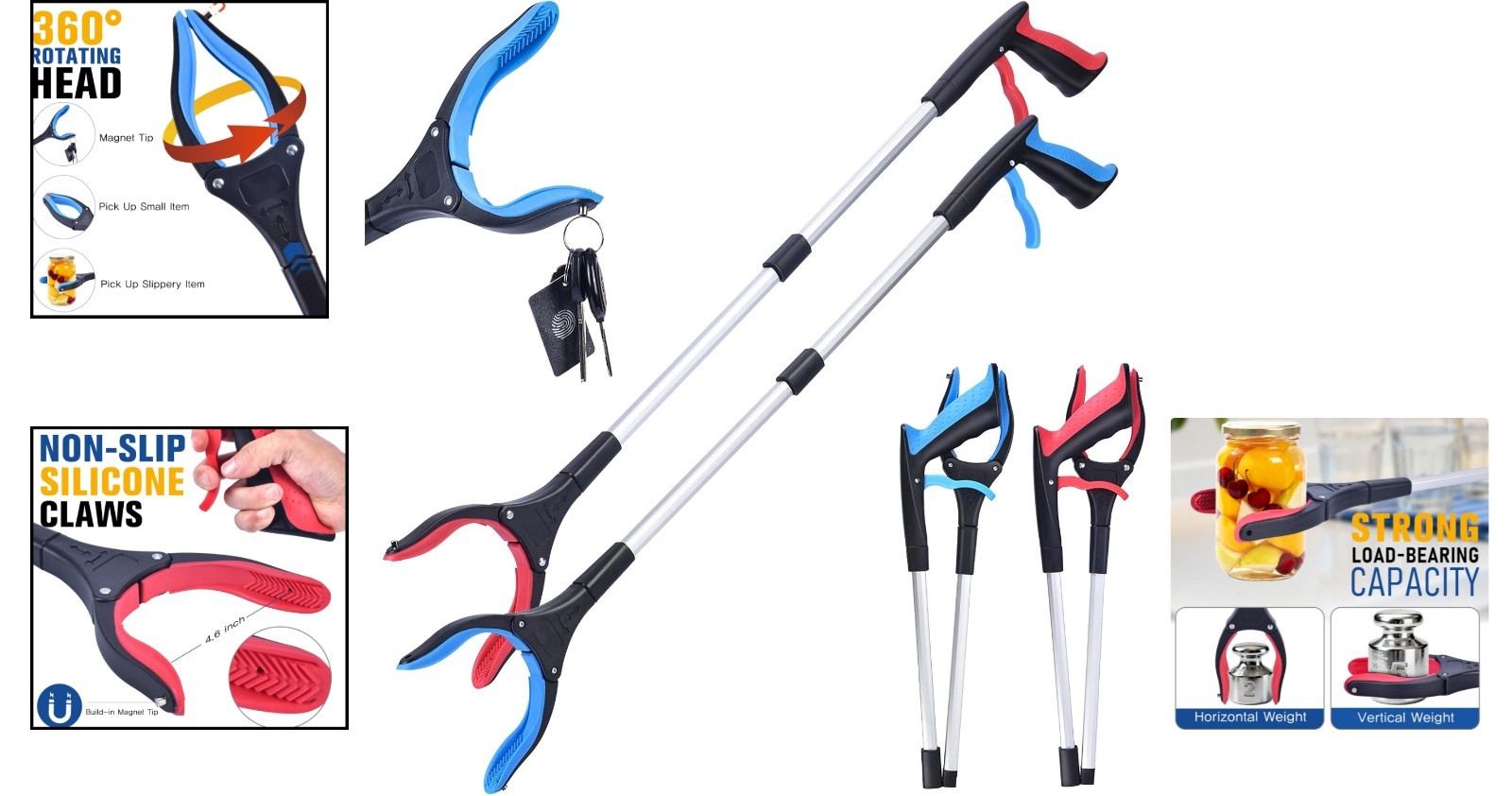 2- Pack 32 inch GrabRunner Folding Reacher Grabber Tool with Magnetic(Blue/Pink)