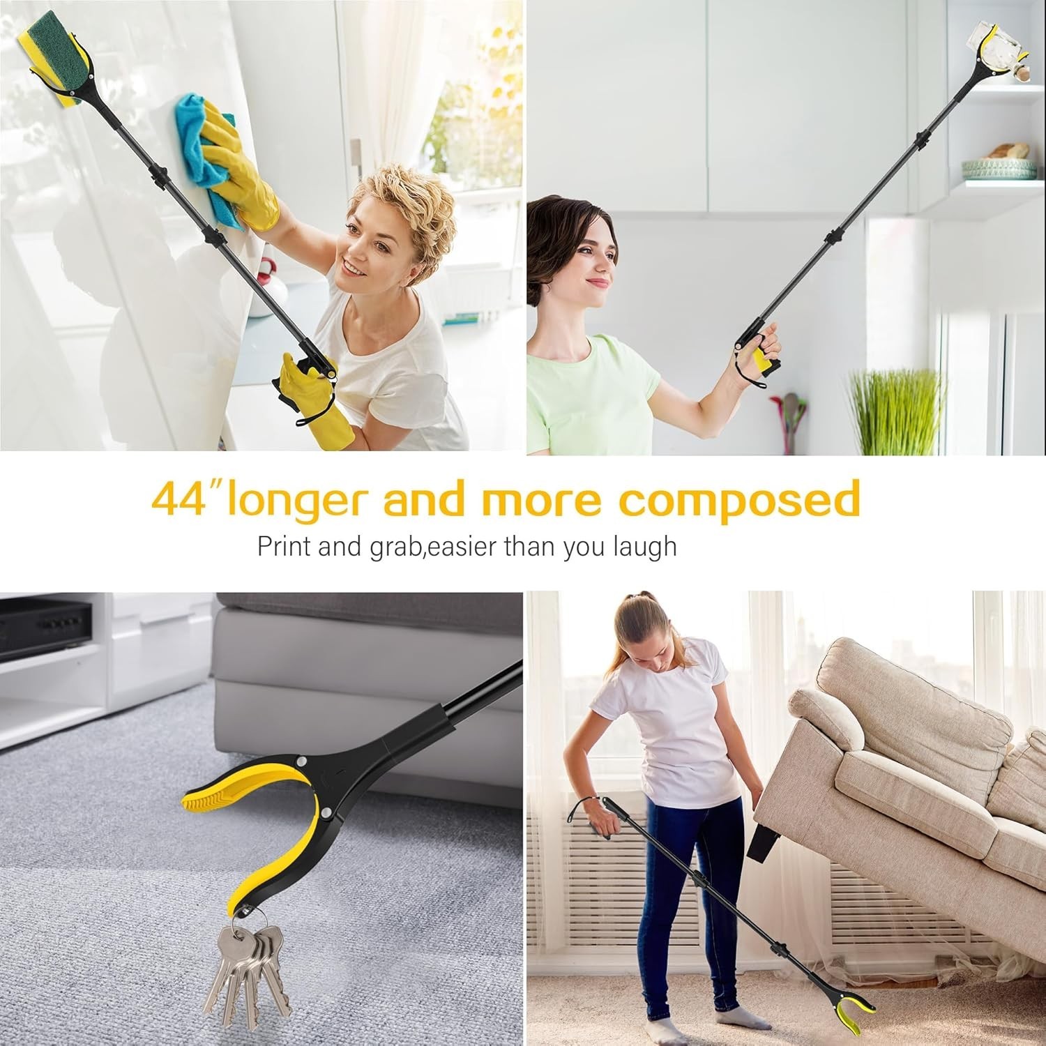 44 Inch Extra Long Grabber Tool – Magnetic Tips with 360° Rotating Jaw for Easy