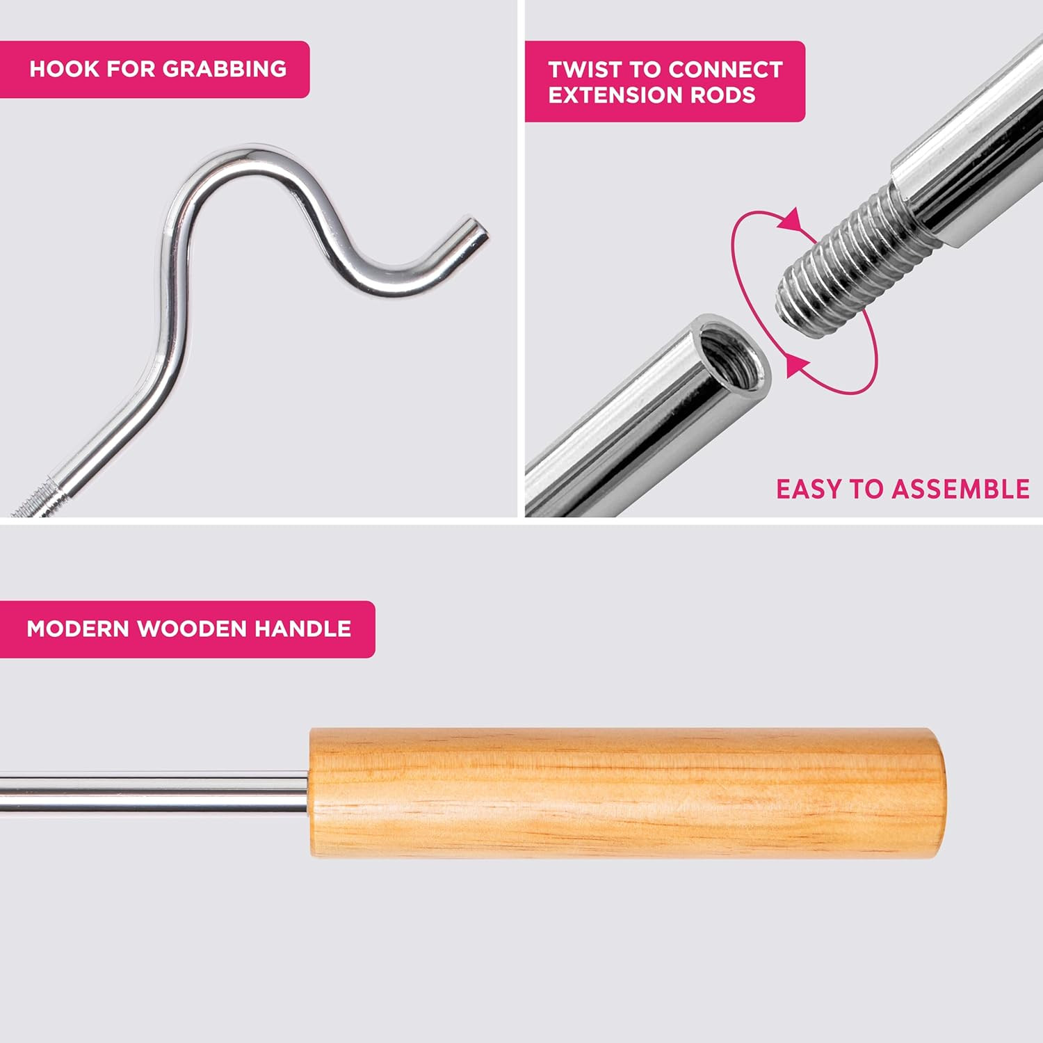 Closet Reacher Pole with Hook and Wooden Handle, Heavy Duty – Adjustable 2.75-5