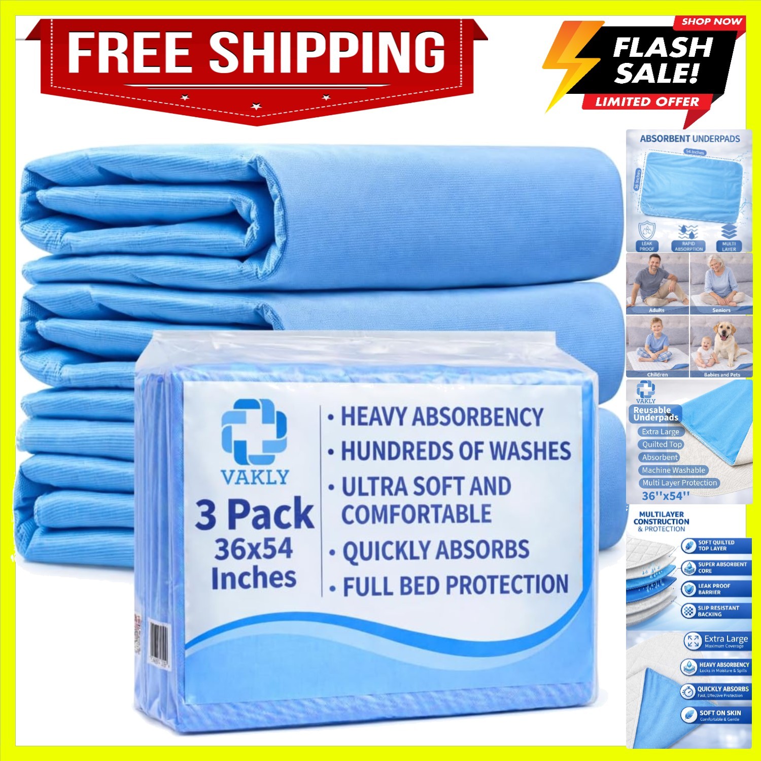 XL Washable Underpads 36 x 54 in 3 Pack – Reusable Waterproof Incontinence Be…