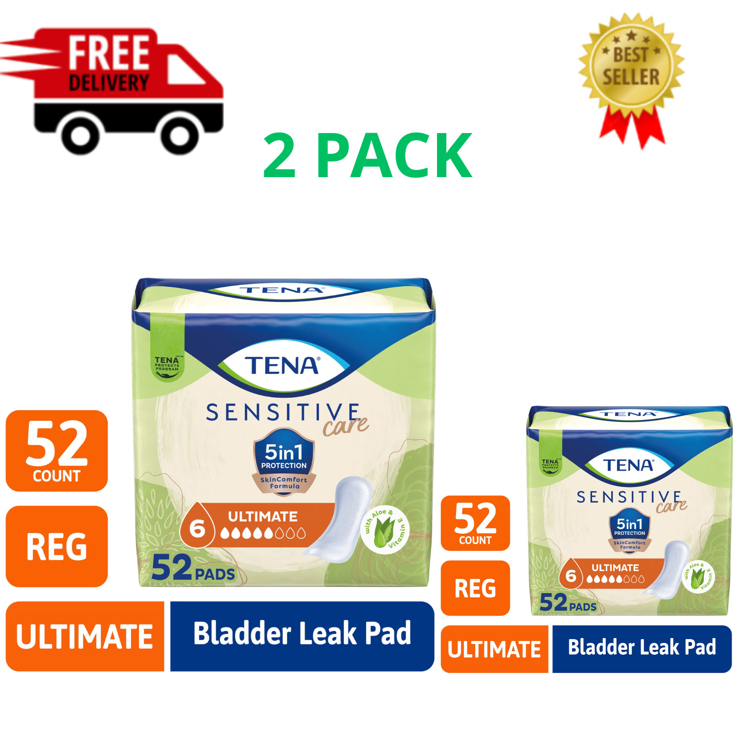 TENA Sensitive Care Ultimate Absorbency Incontinence Pad for Women, 52ct, 2 PK