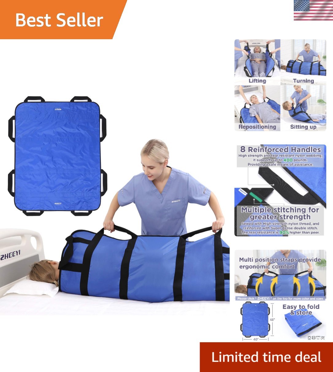 Washable & Waterproof 48″ x 40″ Mobility Transfer Sheet with Durable Handles