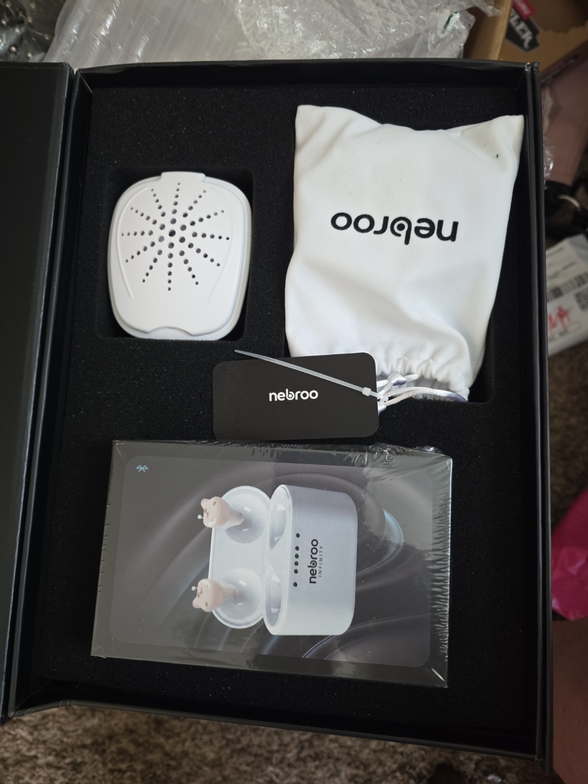 Nebroo Infinity CIC Rechargeable Hearing Aids w/ Charging Case, White, Pair