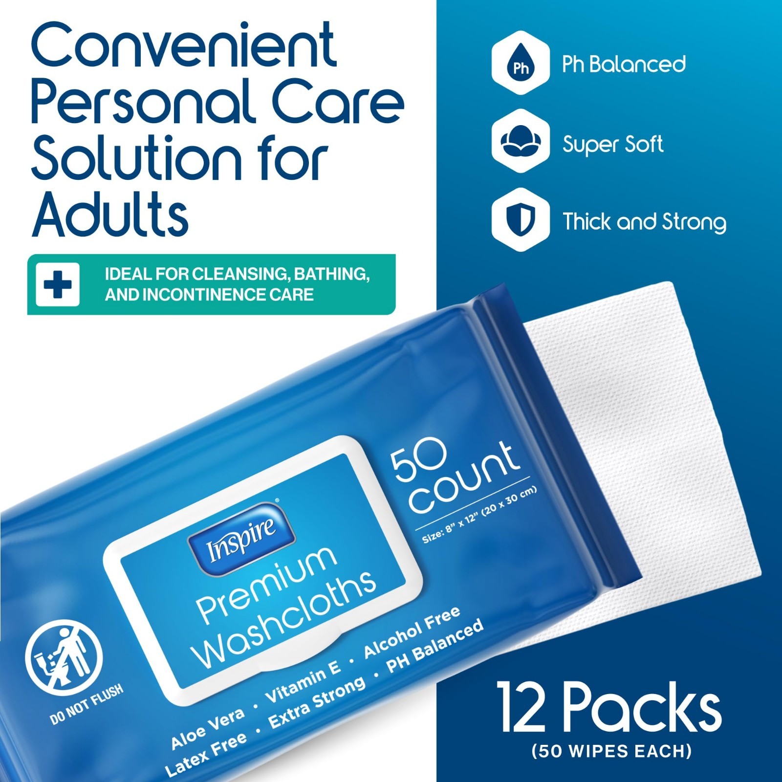 Adult Wet Wipes for Incontinence & Cleansing | 12 Packs of 50 Wash Cloths 8″x12