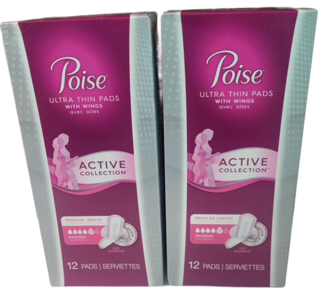 (2) Poise Active Collection Ultra Thin Pads w/Wings, Reg Length Level 5 Maximum