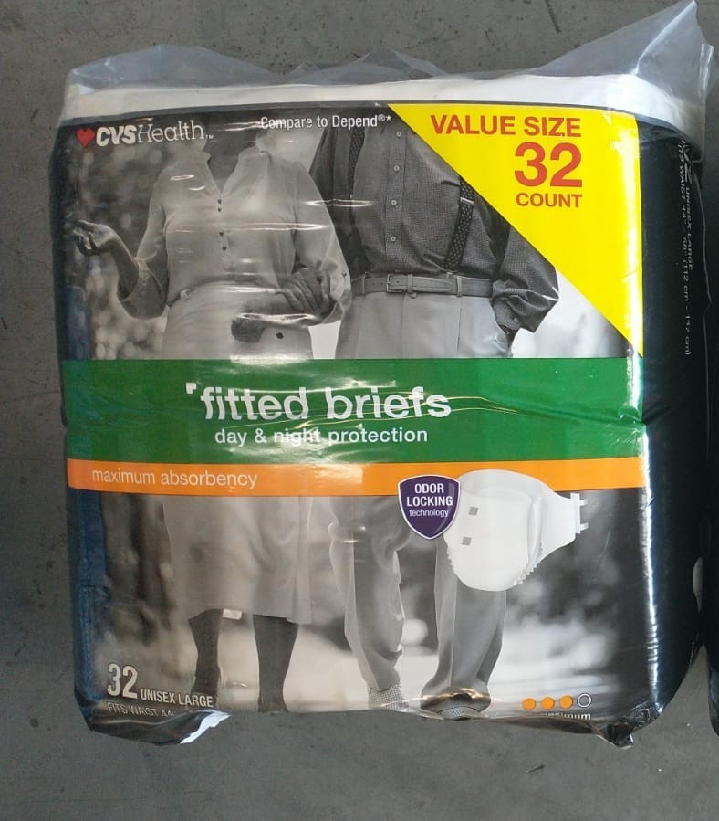 CVS Adult Fitted Briefs Maximum Absorbency 32 Ct Unisex Large 44 to 58 Torn Bag