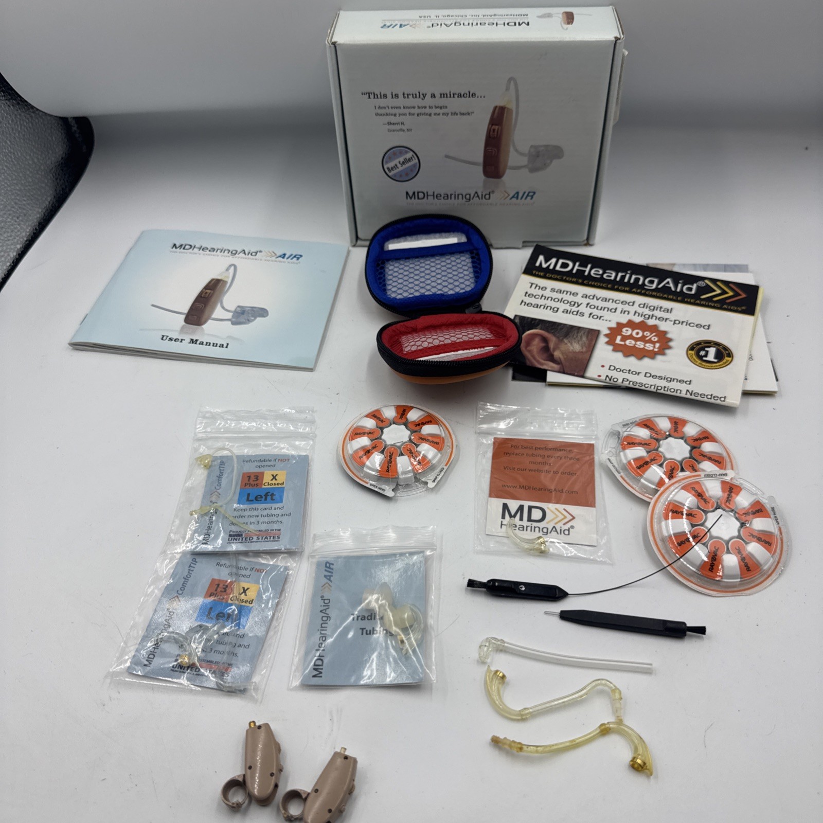 MD Hearing Air Kit Right & Left Extra Tips Batteries Case Cleaning Tool Untested