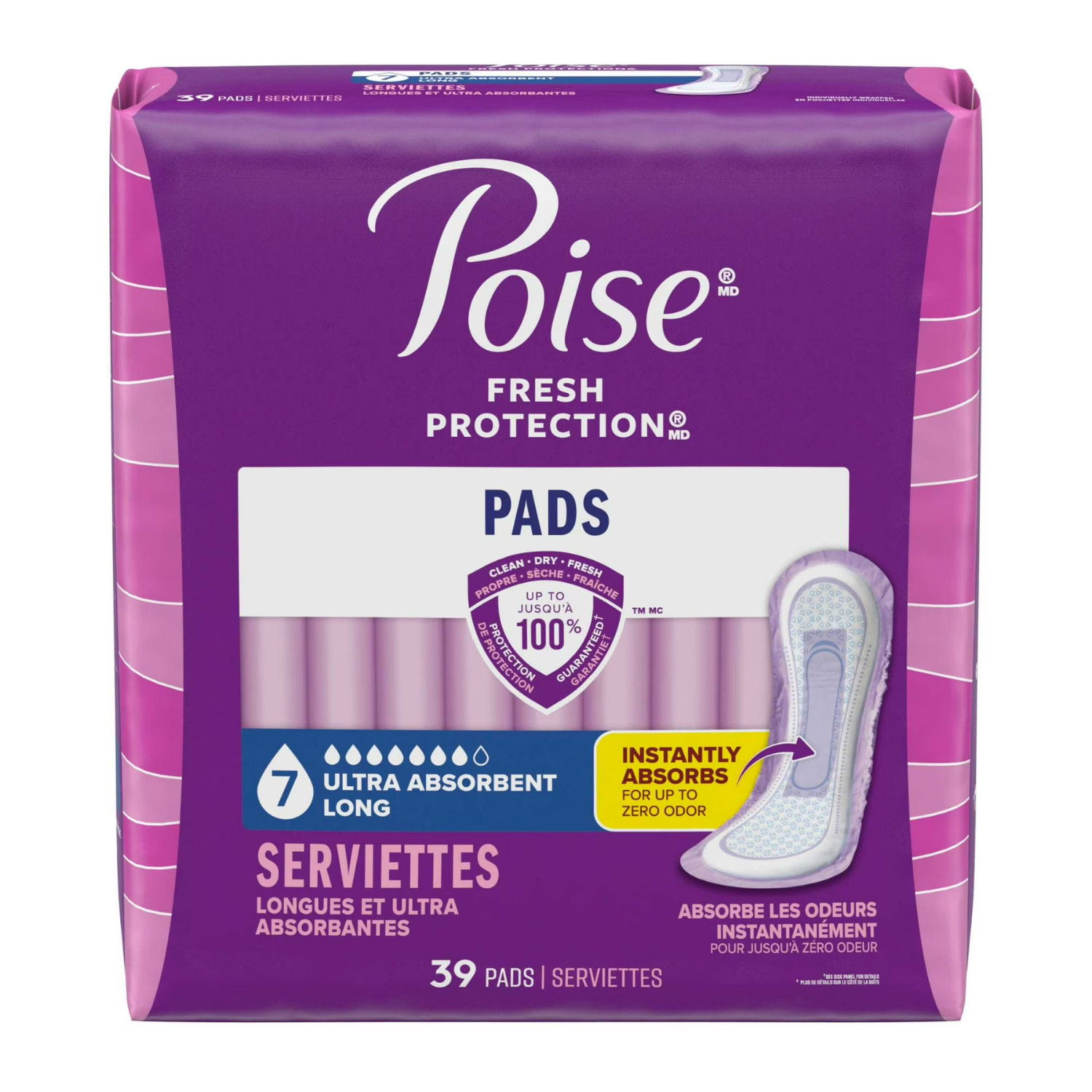 Poise Incontinence Pads for Women, 7 Drop Ultra Absorbency Long Length, 39 Ct