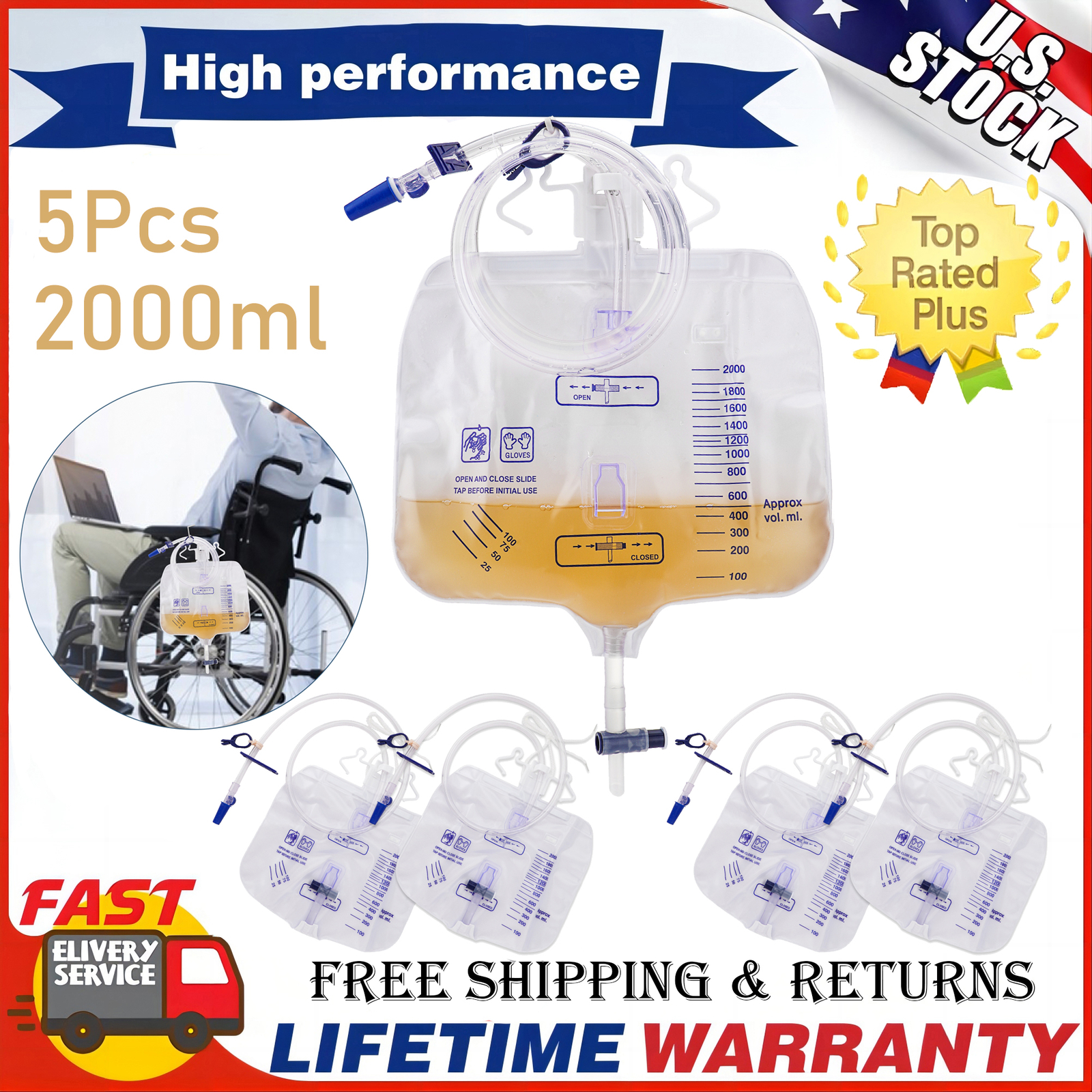 Pack of 5 Large Urinary Drainage Bag w/ Anti-Reflux Chamber 2000ml Capacity USA