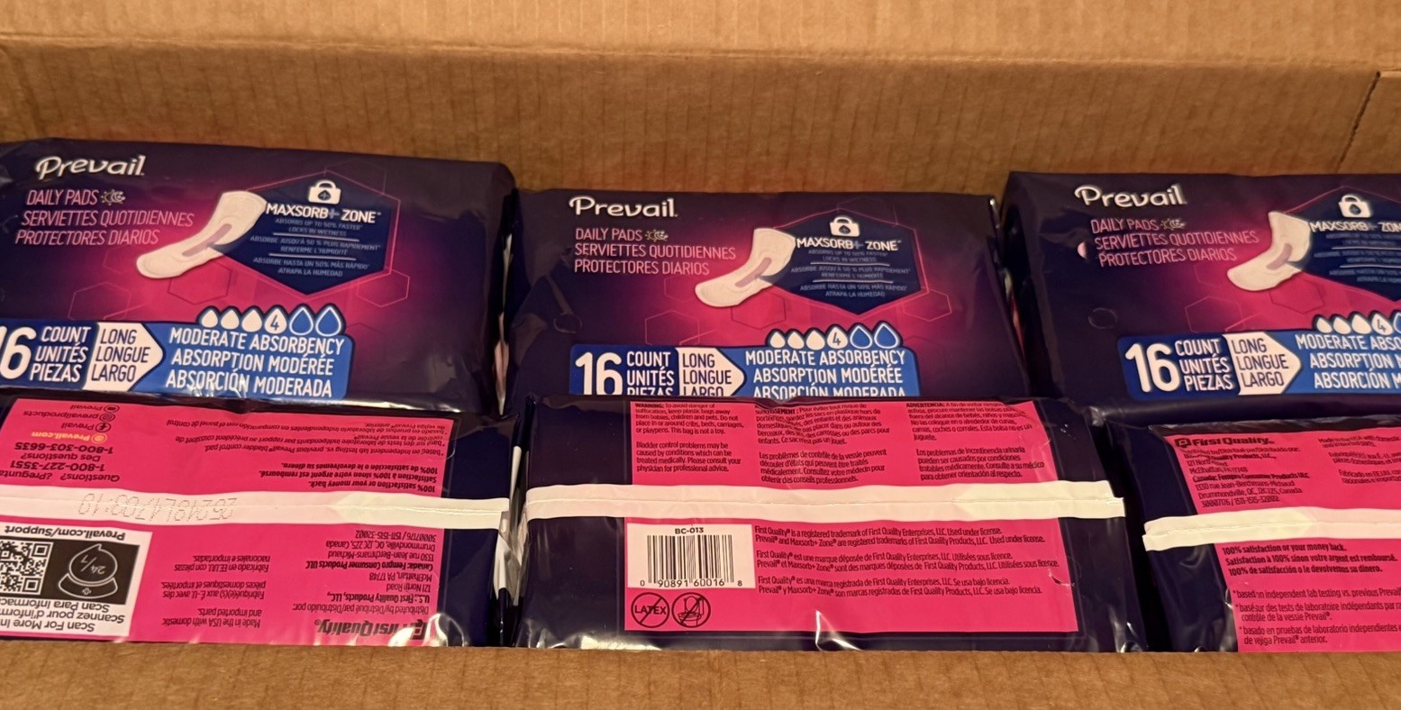 Case of 96 pads Prevail Daily Incontinent Pad Long Moderate Absorb (6Pk Of 16)
