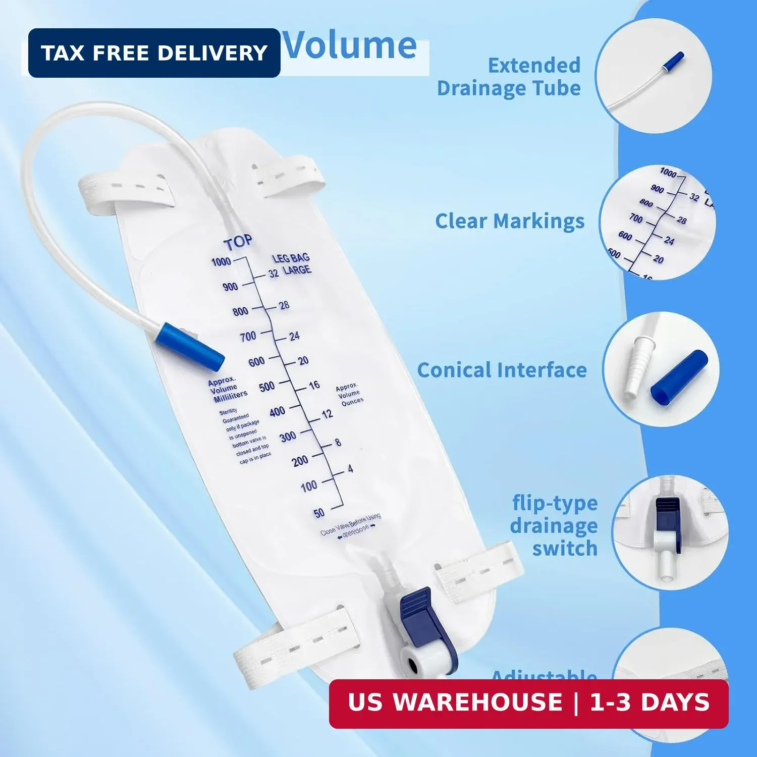 5 Pack 1000mL Catheter Leg Bags for Men and Women,Urinary Drainage Bag with Anti