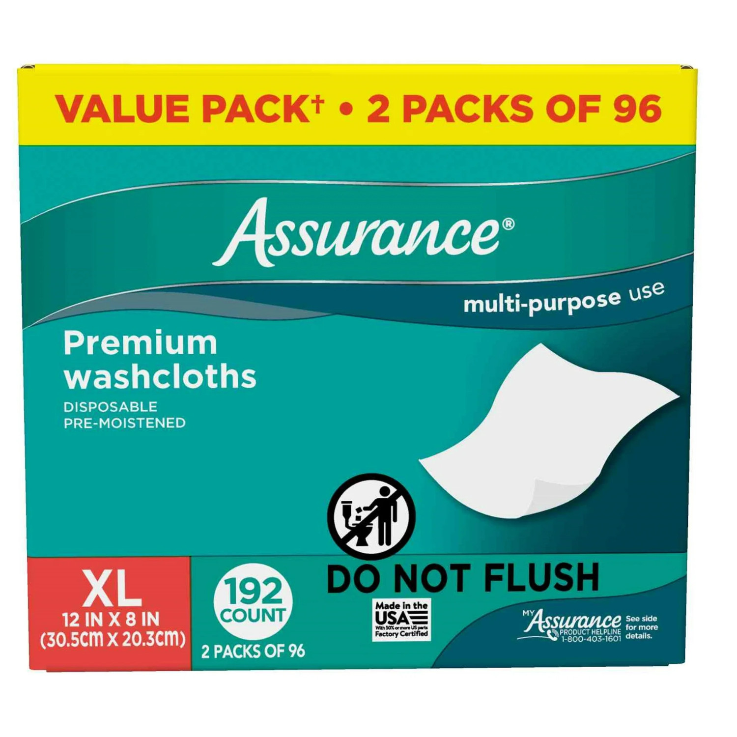 2pk Assurance Premium Disposable Washcloths Pre-Moistened Body Wipes, XL, 192 Ct