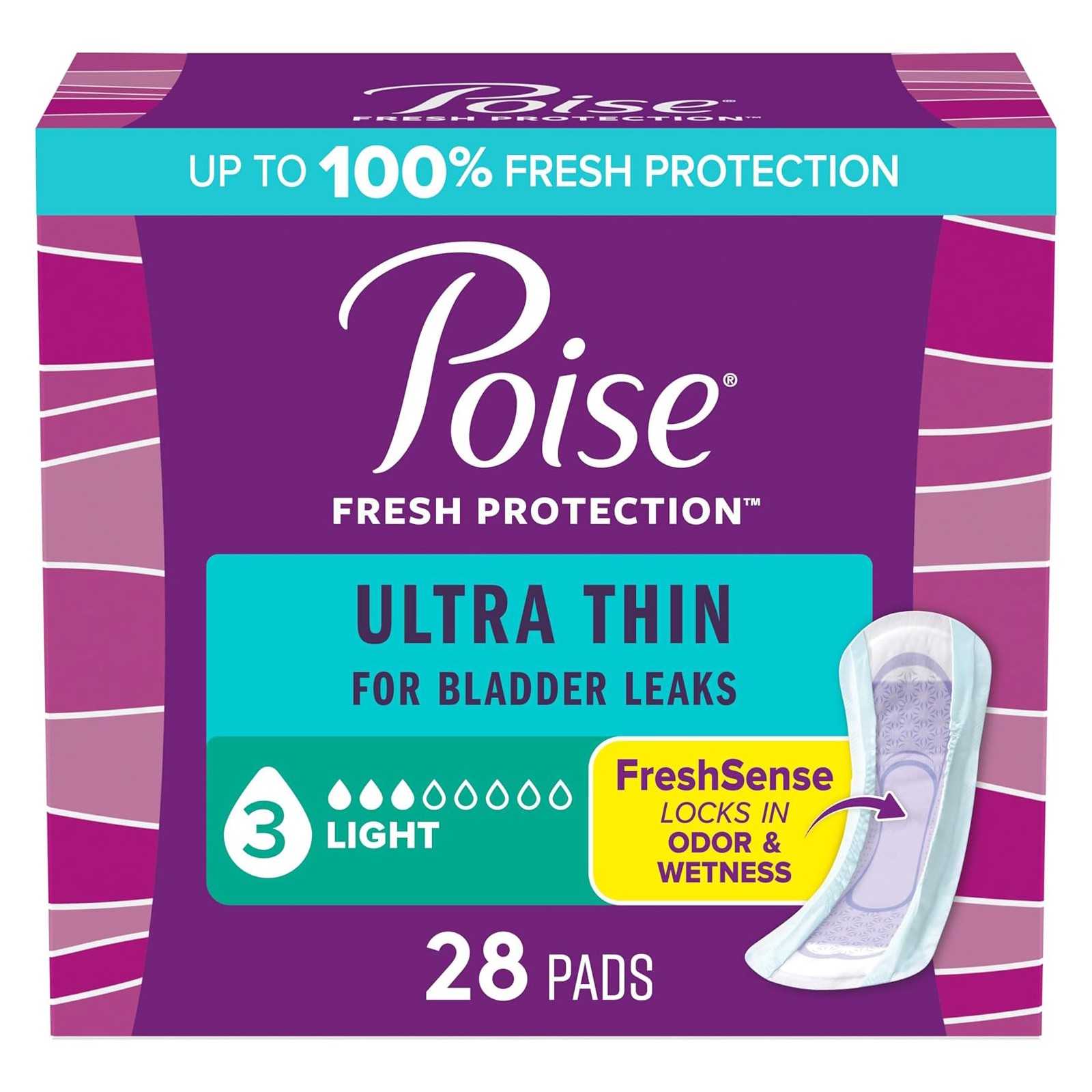 Poise Ultra Thin Pads for Bladder Leaks, Light Absorbency, Regular Length, 28 Ct