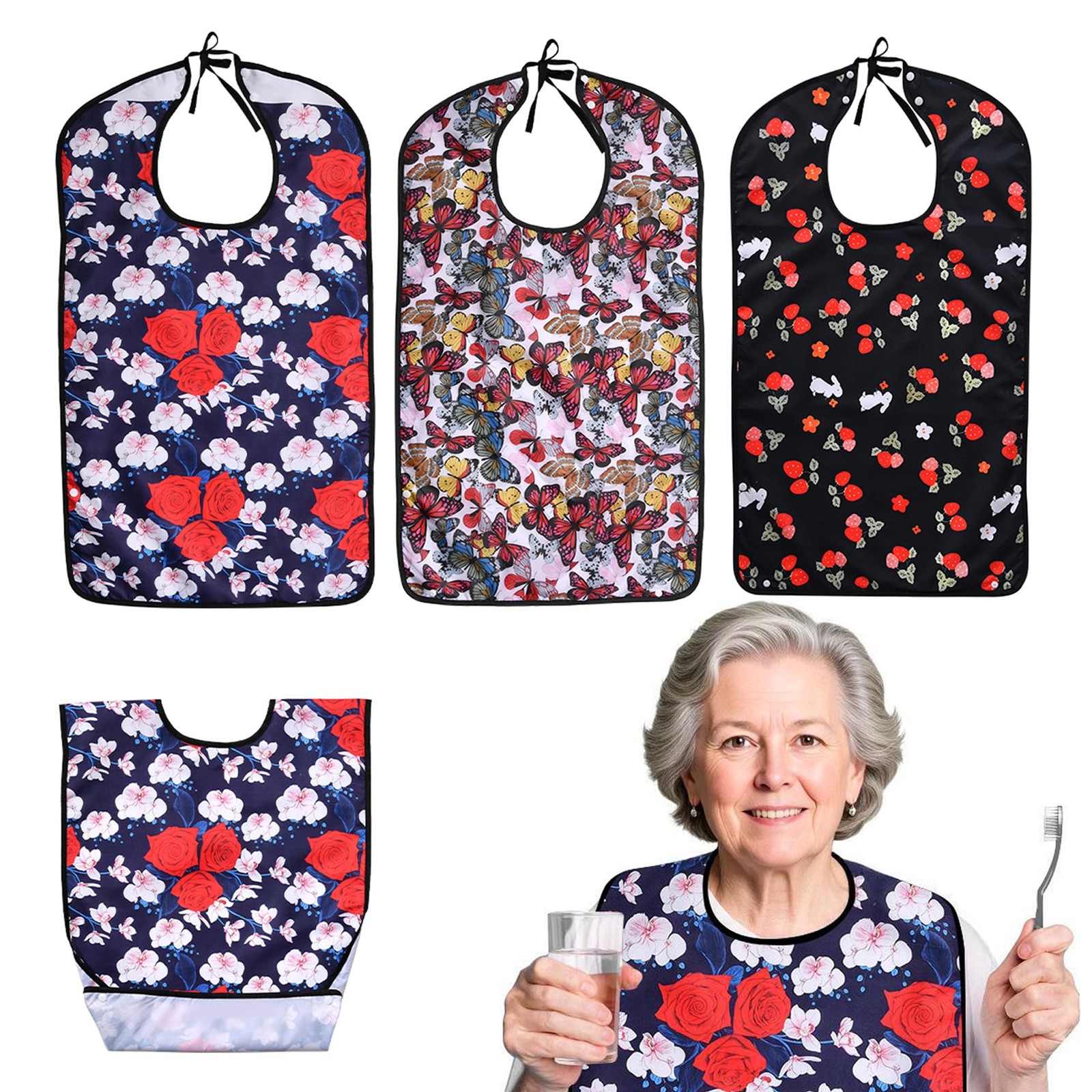 Oulisen 3 Pcs Adult Bibs For Women With Crumb Adult, Flower and Butterfly