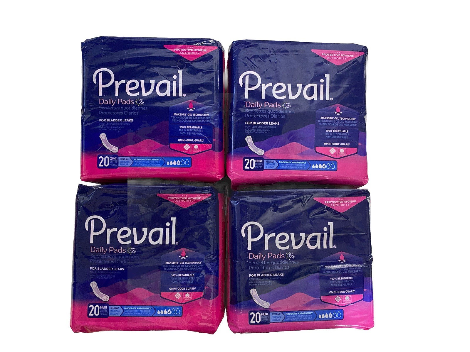 Prevail Daily Pads for Bladder Leaks Women’s Regular 20 Count Pack Lot of 4 PKS