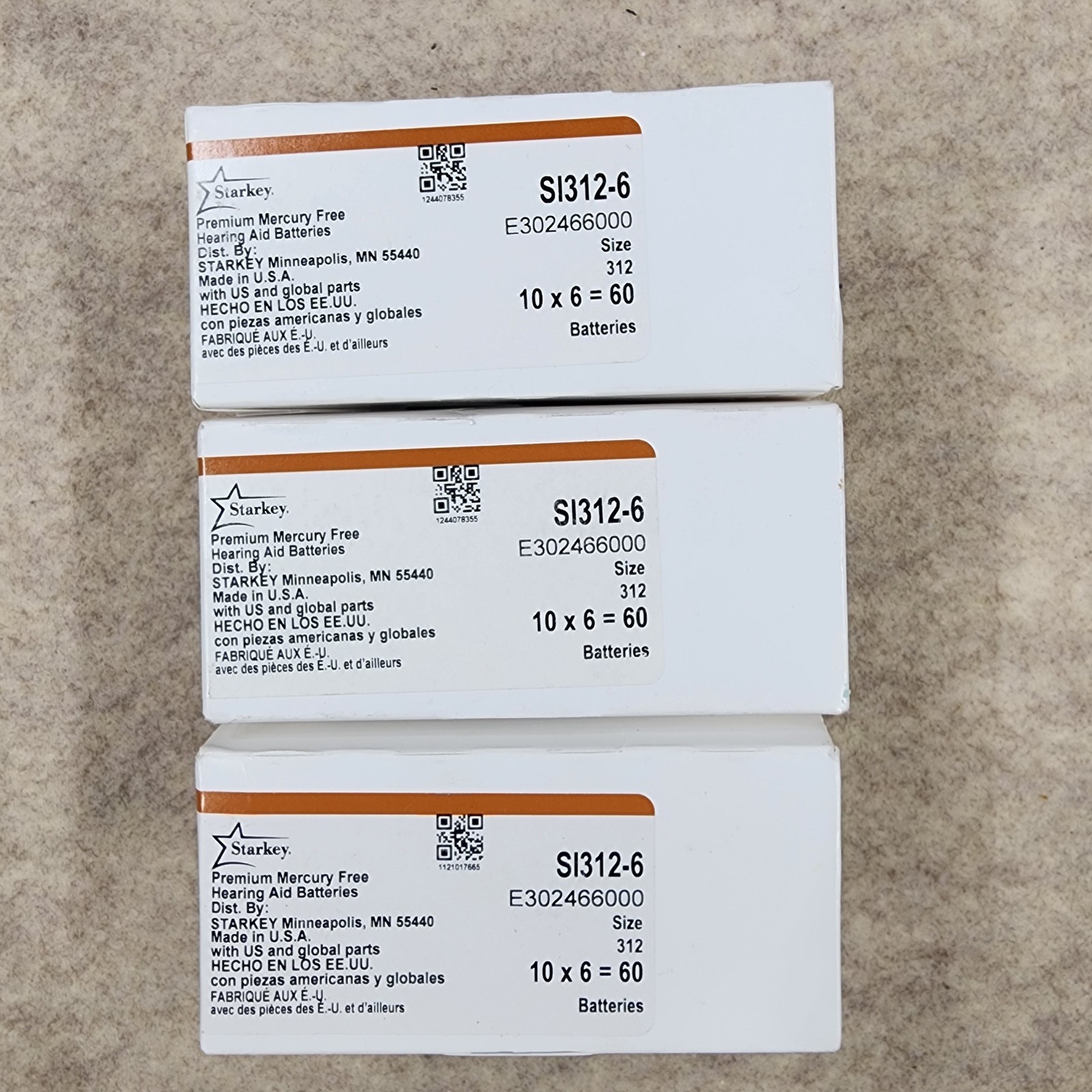 Lot of 3 Starkey Premium mercury free hearing aid batteries Size 312 180 Total