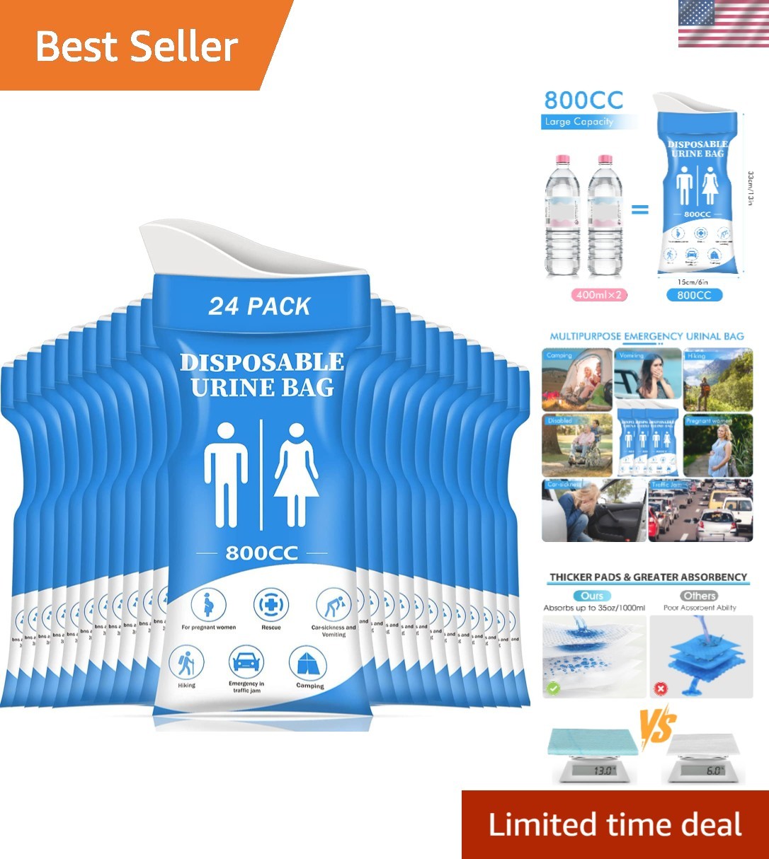 Unisex Emergency Urinal Bags – Eco-Friendly 800ML Portable Pee Bags 12/24 Packs