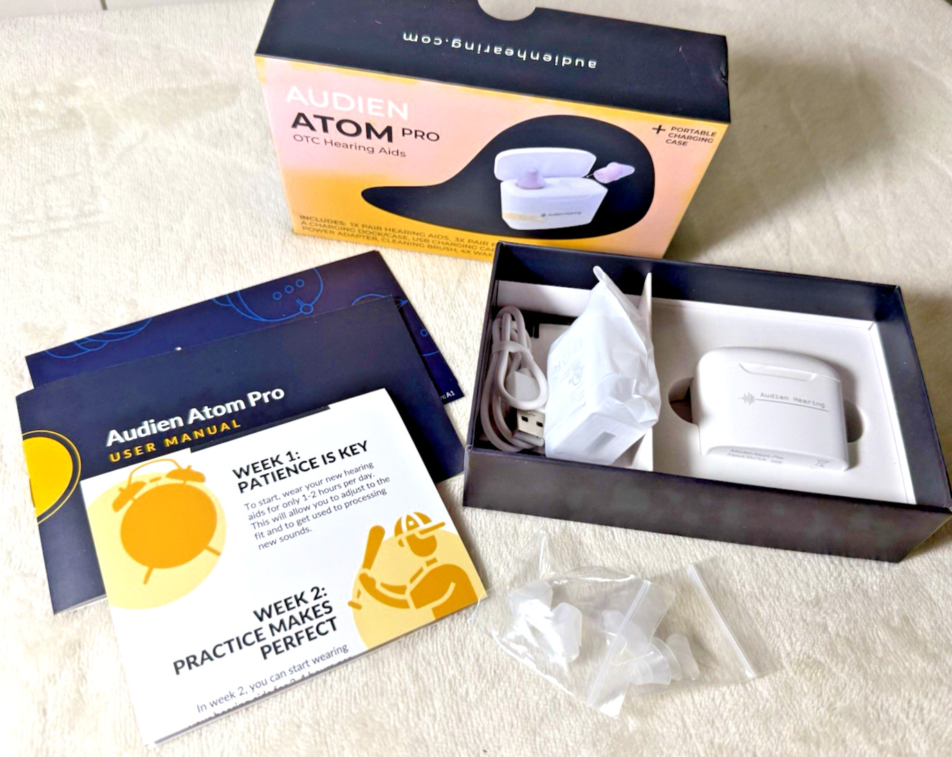 Audien Atom Pro OTC Hearing Aids with Portable Charging Case
