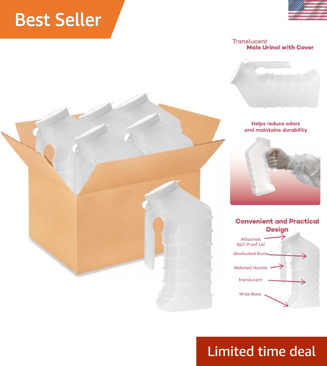 Male Urinal – Spill Proof Cover, Bulk – 48 Count, 1000 cc | Transparent Polye…
