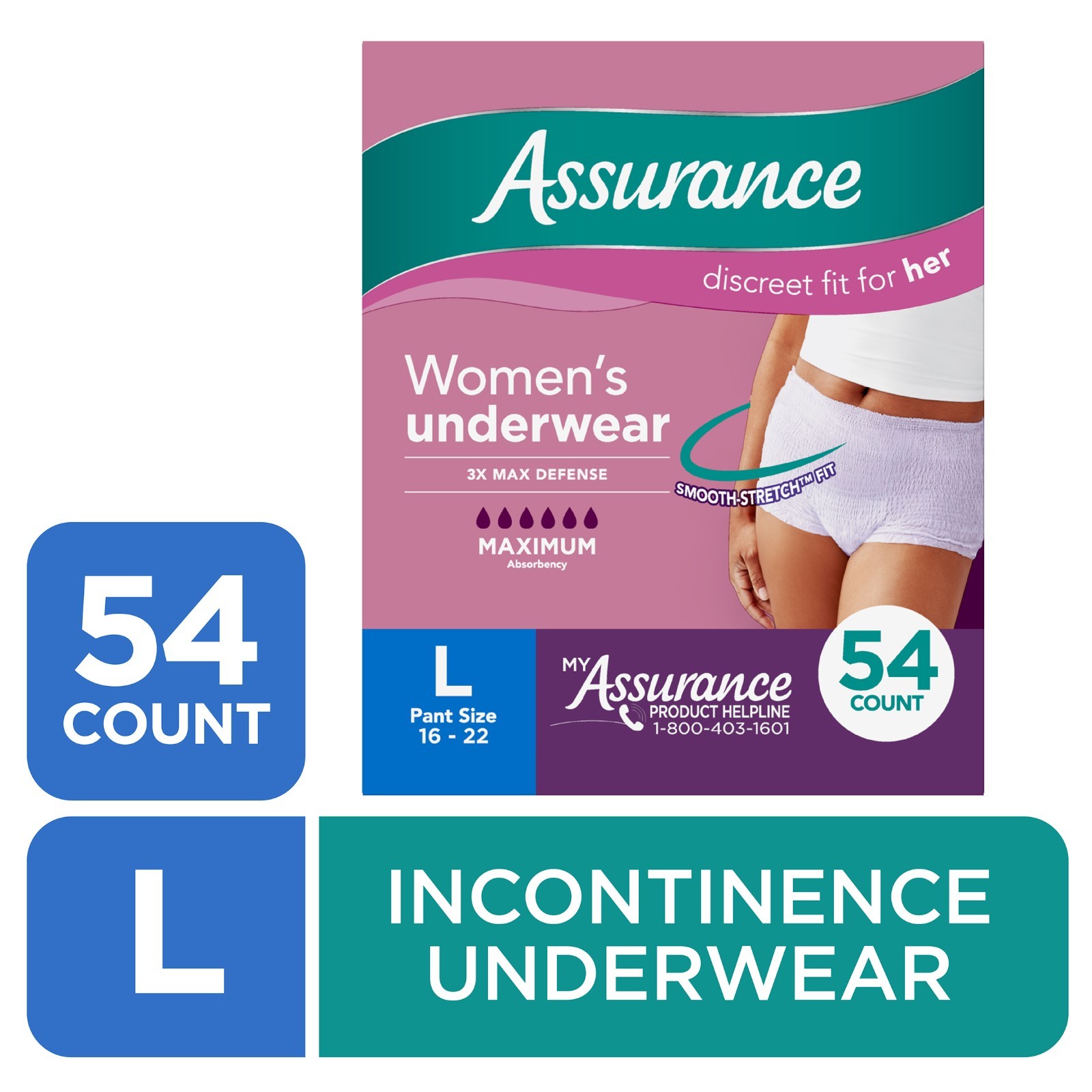 Assurance Women’s Incontinence Underwear L Max Absorbency 54 Count – 2 Pack