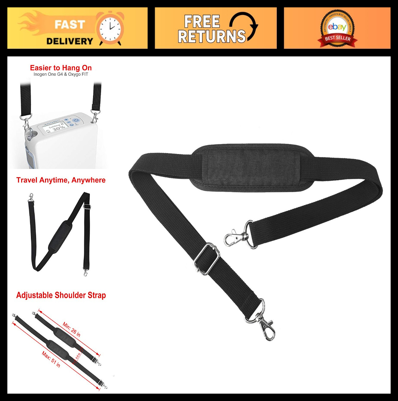 Adjustable Shoulder Strap for Inogen One G4 Oxygo FIT, Swivel Hooks & Balanced B