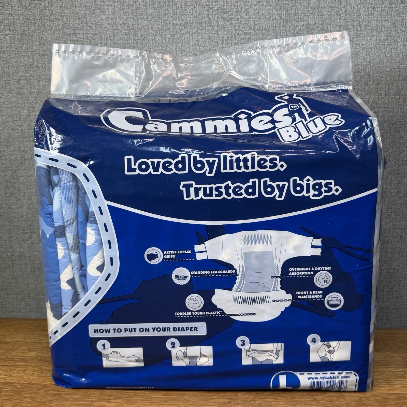 New Tykables Cammies Blue Camo ABDL Adult Diapers Size Large Plastic Backed