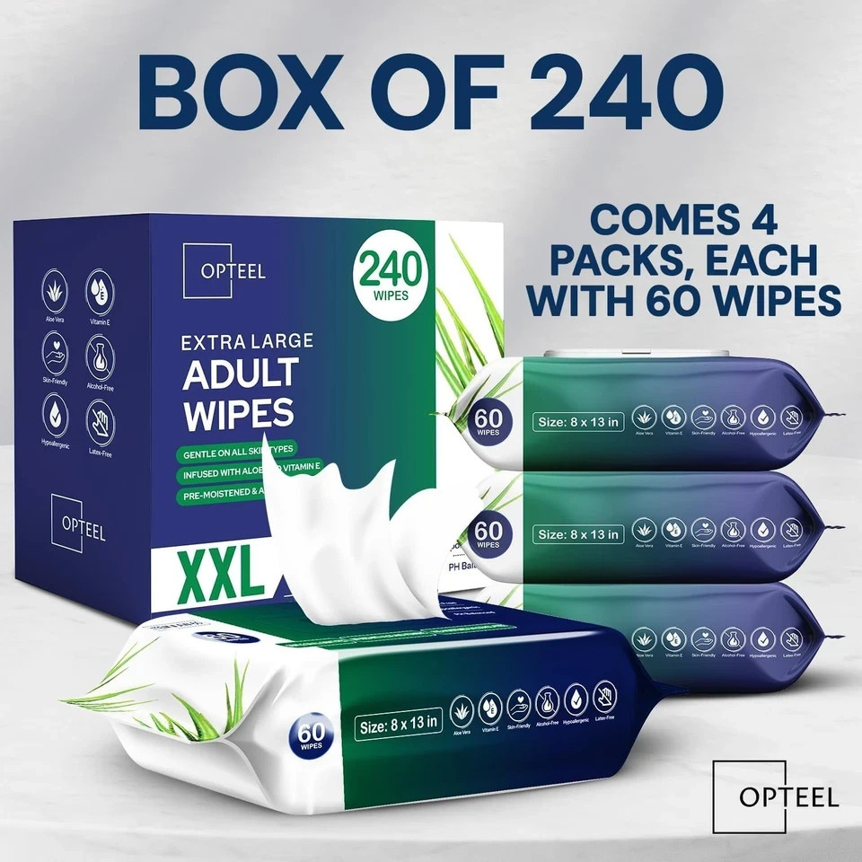 Adult Wipes for Elderly 8″x13″ 240ct 4 Packs of 60 Large Soft Body Wipes