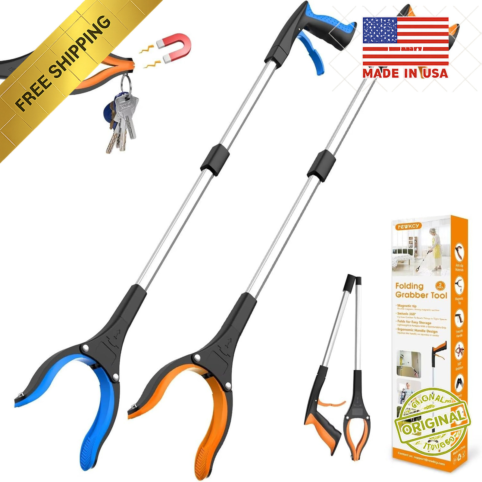 2 Pack 32″ Foldable Grabber Reacher Pickup Tool Long Reach Grabber Stick