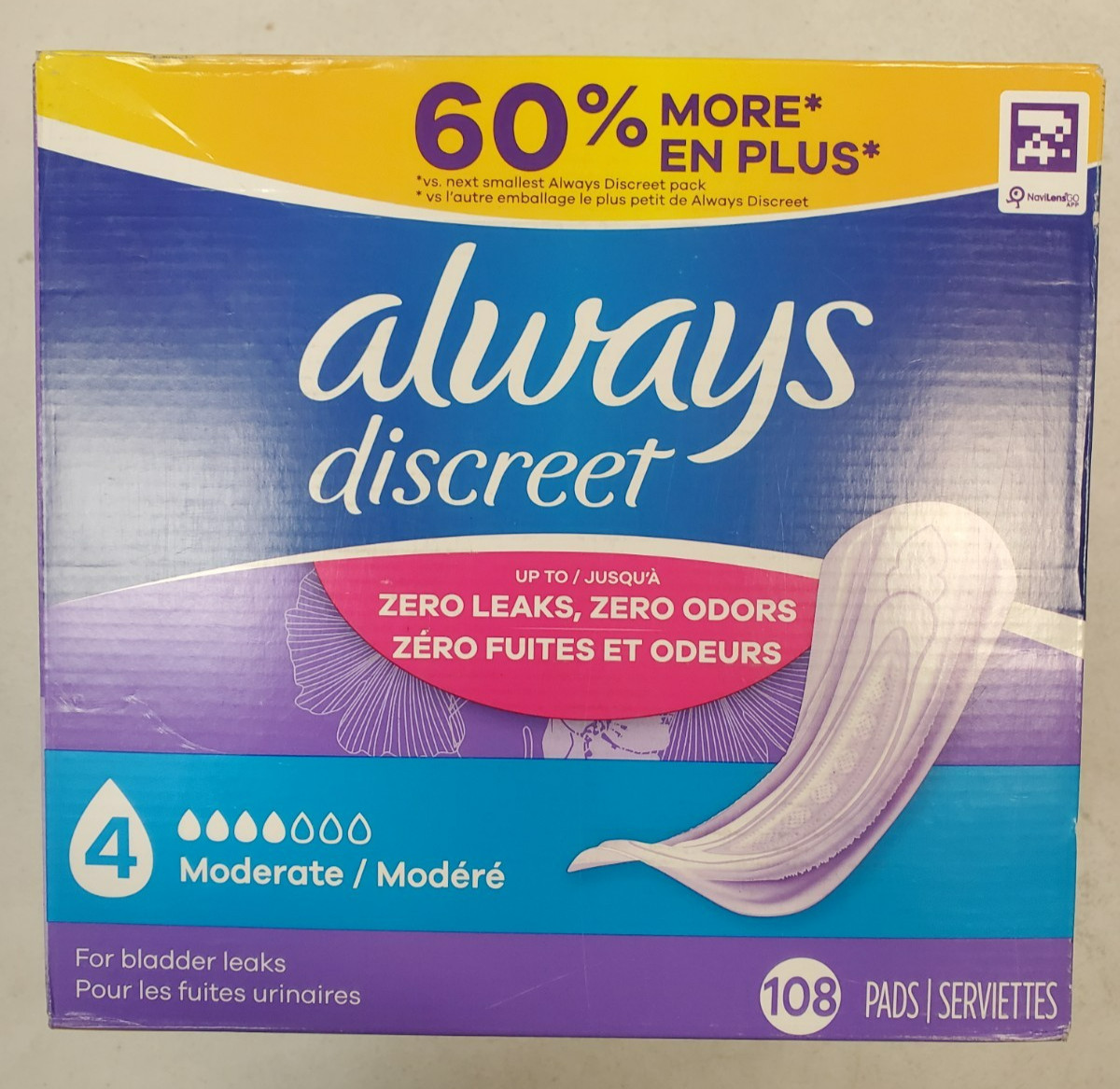108 Count Always Discreet Incontinence Pads *4 Moderate* Reg. Length 3342-R9P1b