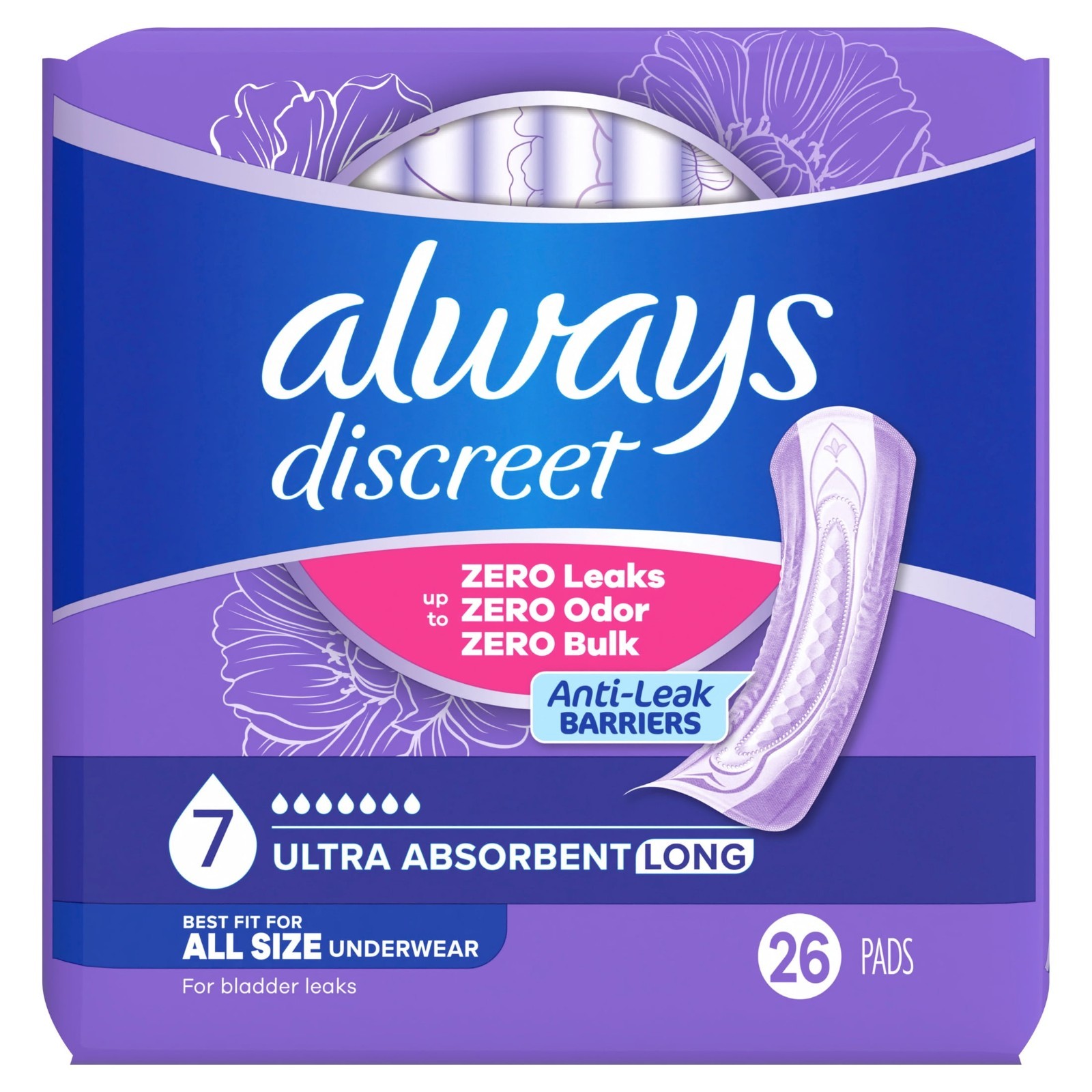 Always Discreet Incontinence Pads, Women, Ultimate, Long Length, 26 CT, 2 Pack
