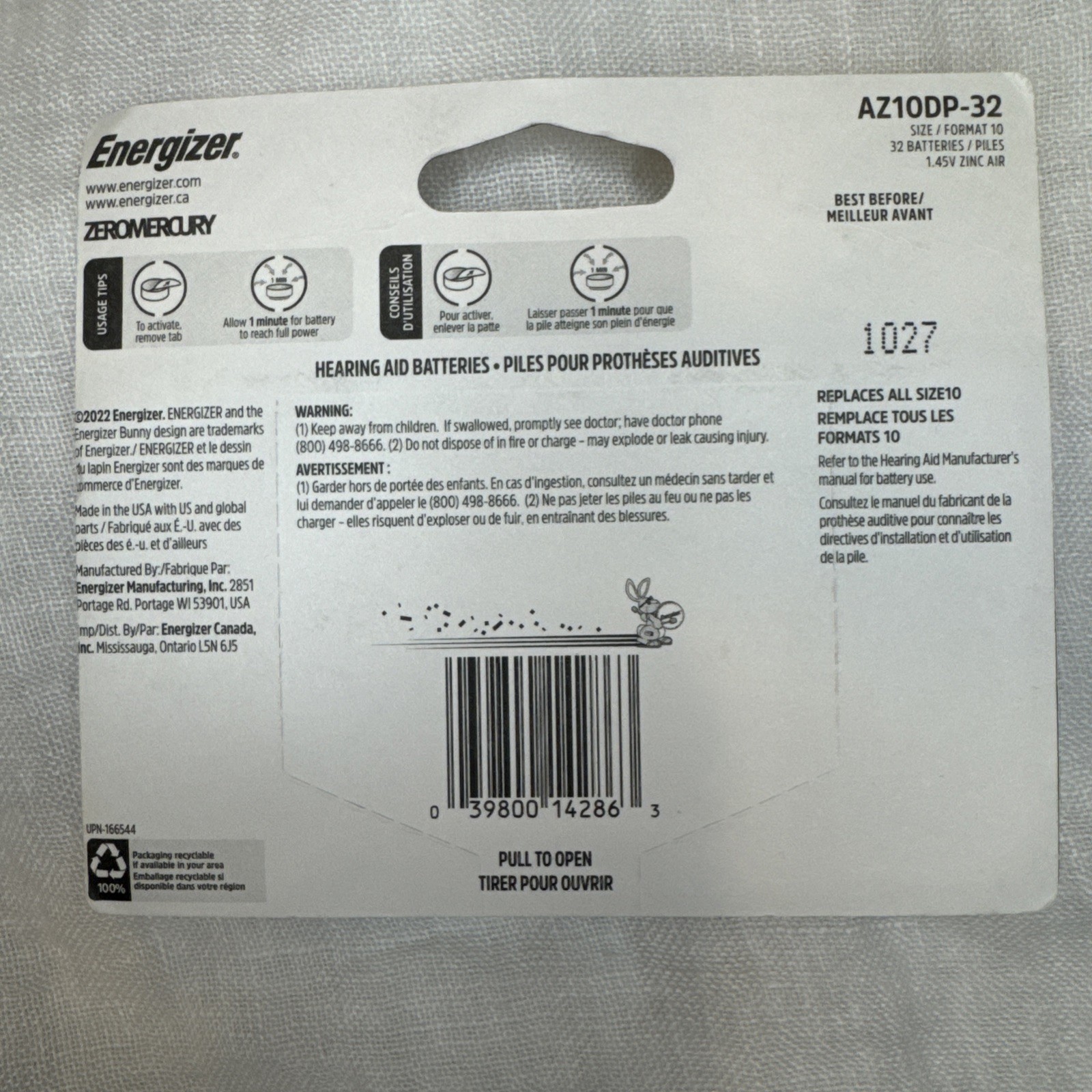 Energizer Size 10 Hearing Aid Batteries – Expires 10/27 – AZ10DP-32 – New