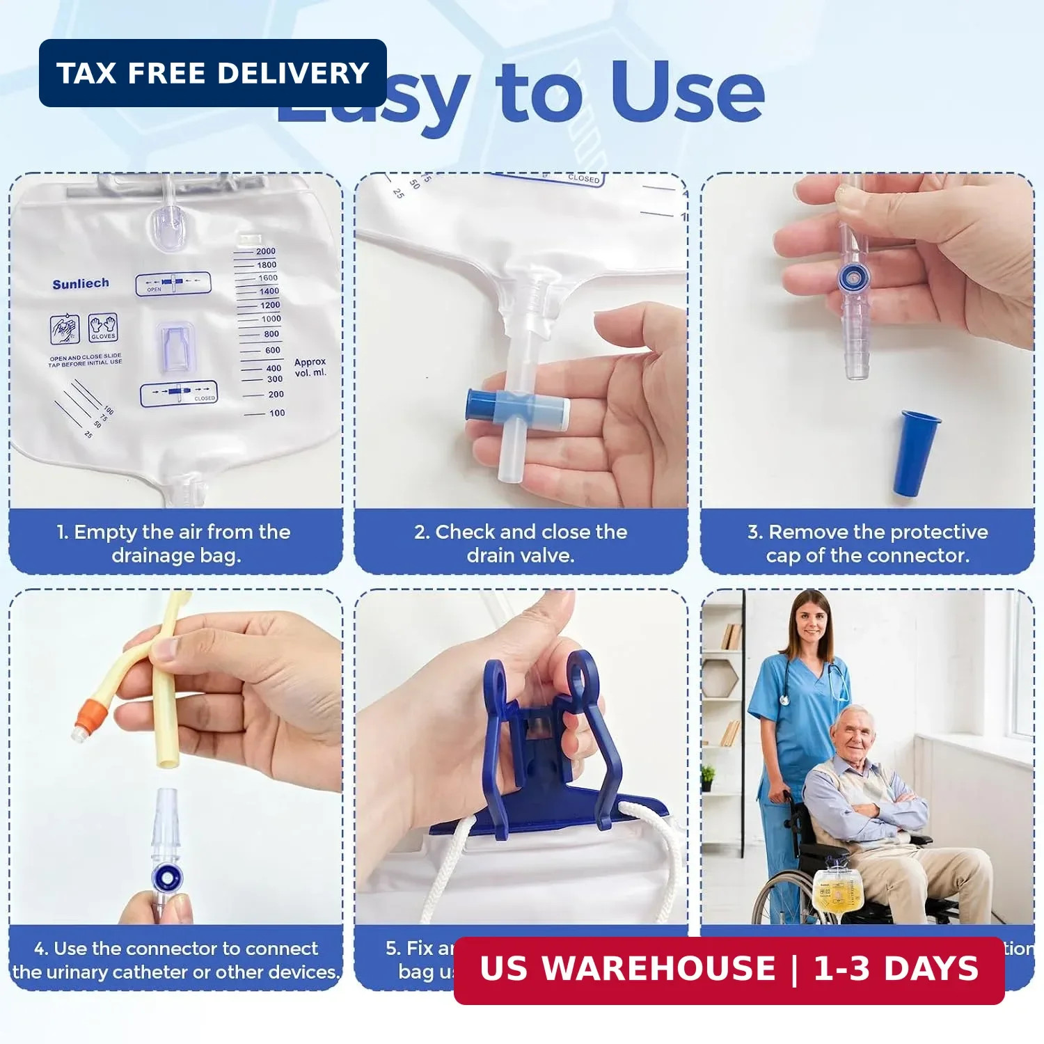 5 Pack Urinary Drainage Bag, 2000mL Anti-Reflux Catheter Bag with Drainage Tube,