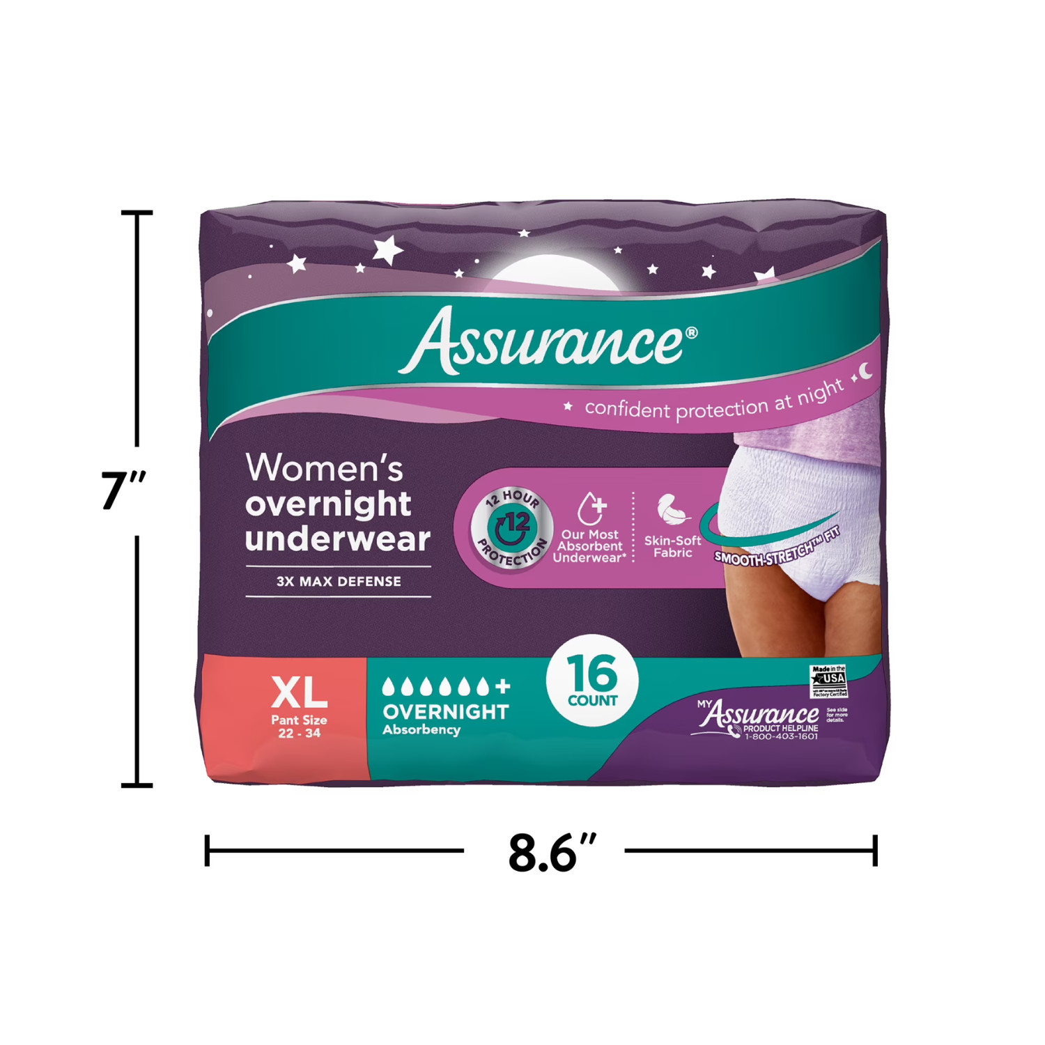 Assurance Women’s Incontinence Postpartum Underwear XL Overnight 4 Pack 16 Ct