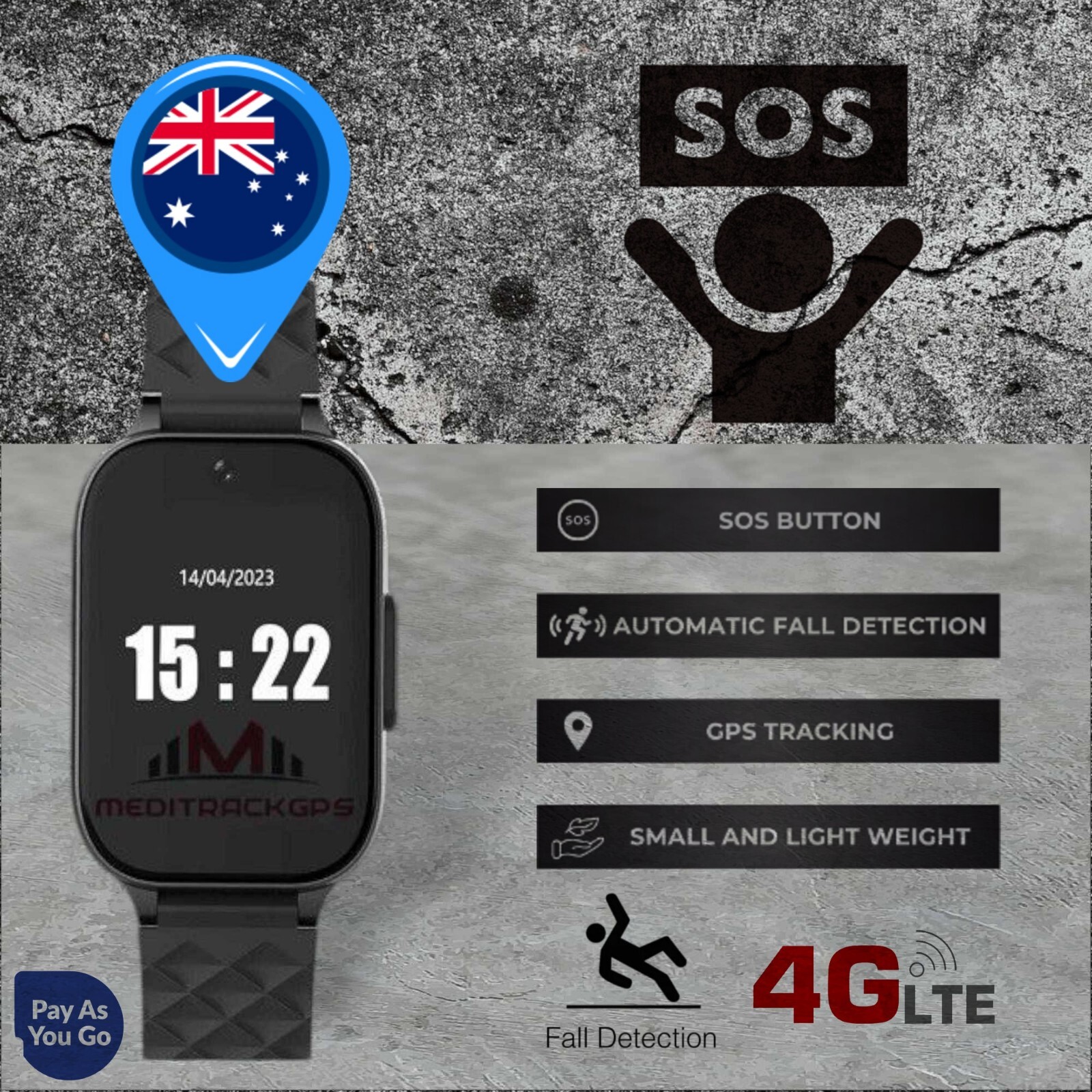 MediTrackGPS® MT52 Medical Alarm Watch 4G Personal GPS Tracker, SOS, Fall Detect