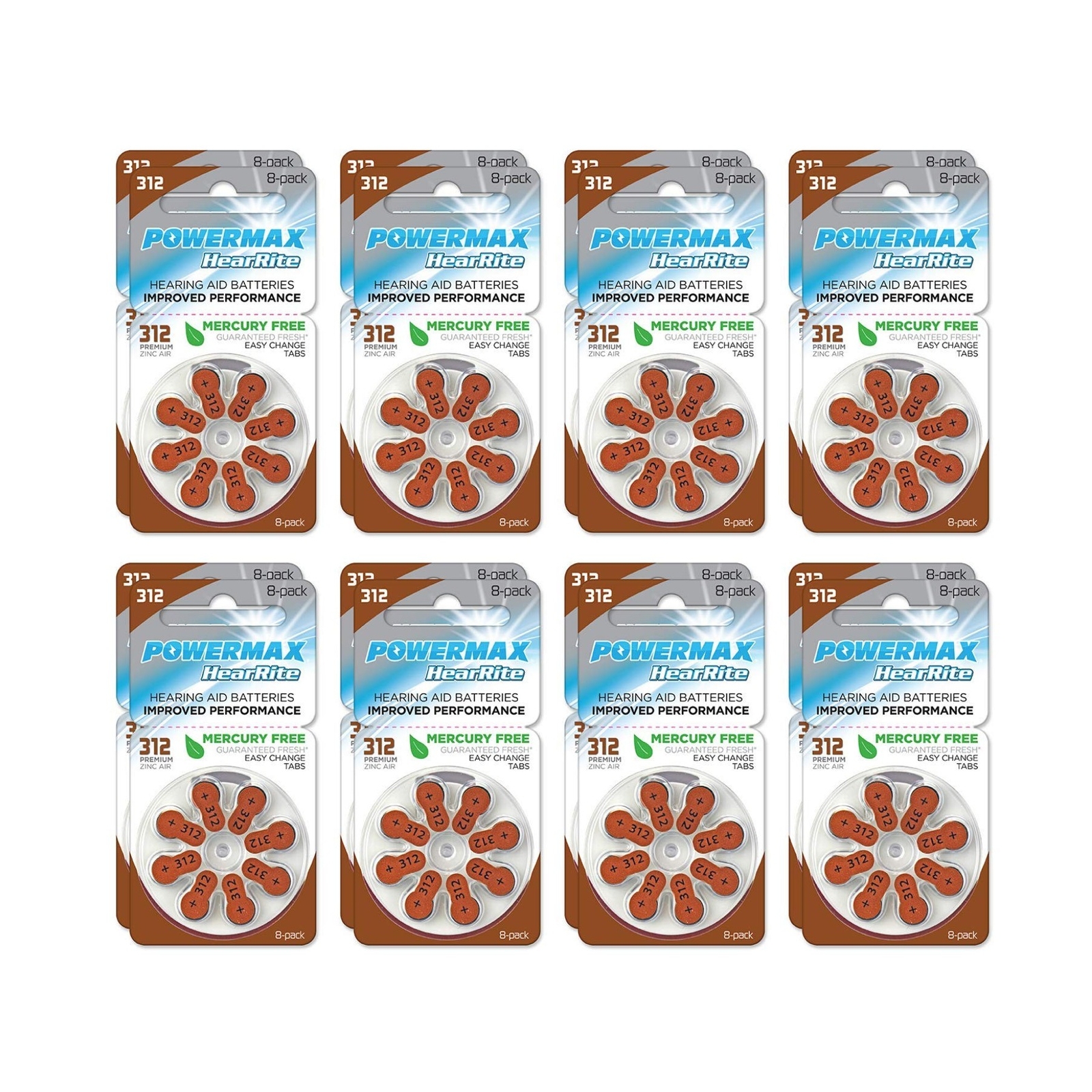 Powermax USA Size 312 Hearing Aid Batteries, Brown Tab, 128 Count
