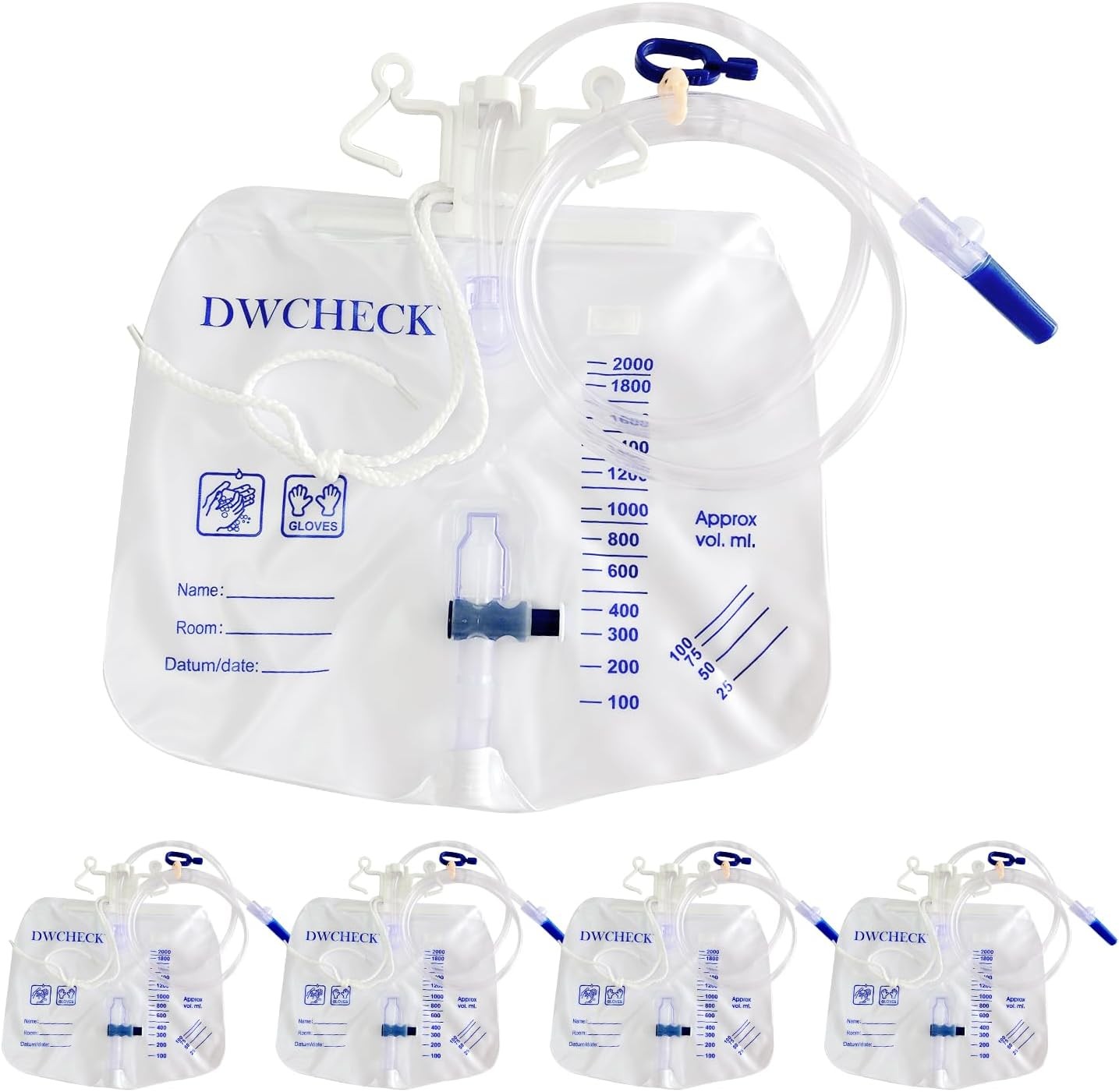 5 Pack Urinary Drainage Bag with Anti-Reflux Chamber,2000mL Urine Bags with 48″