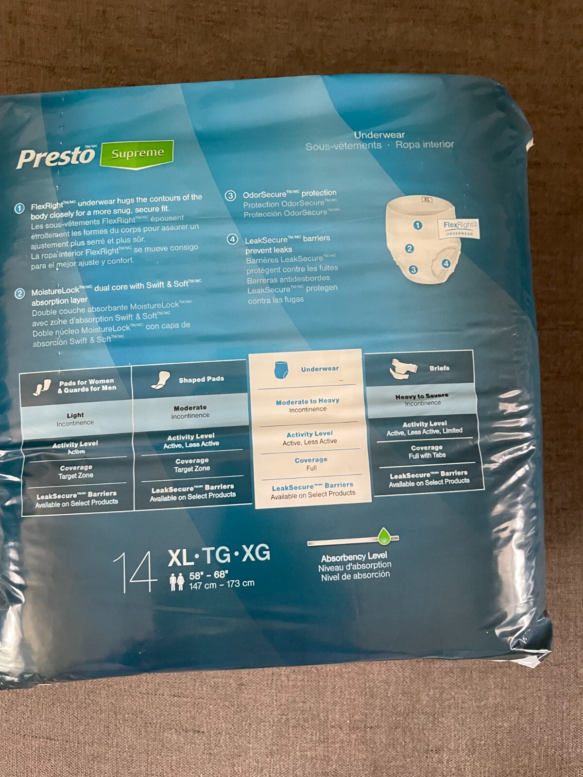 Pack 14 Presto Supreme FlexRight Heavy Absorbency Adult Underwear XL 58″- 68″
