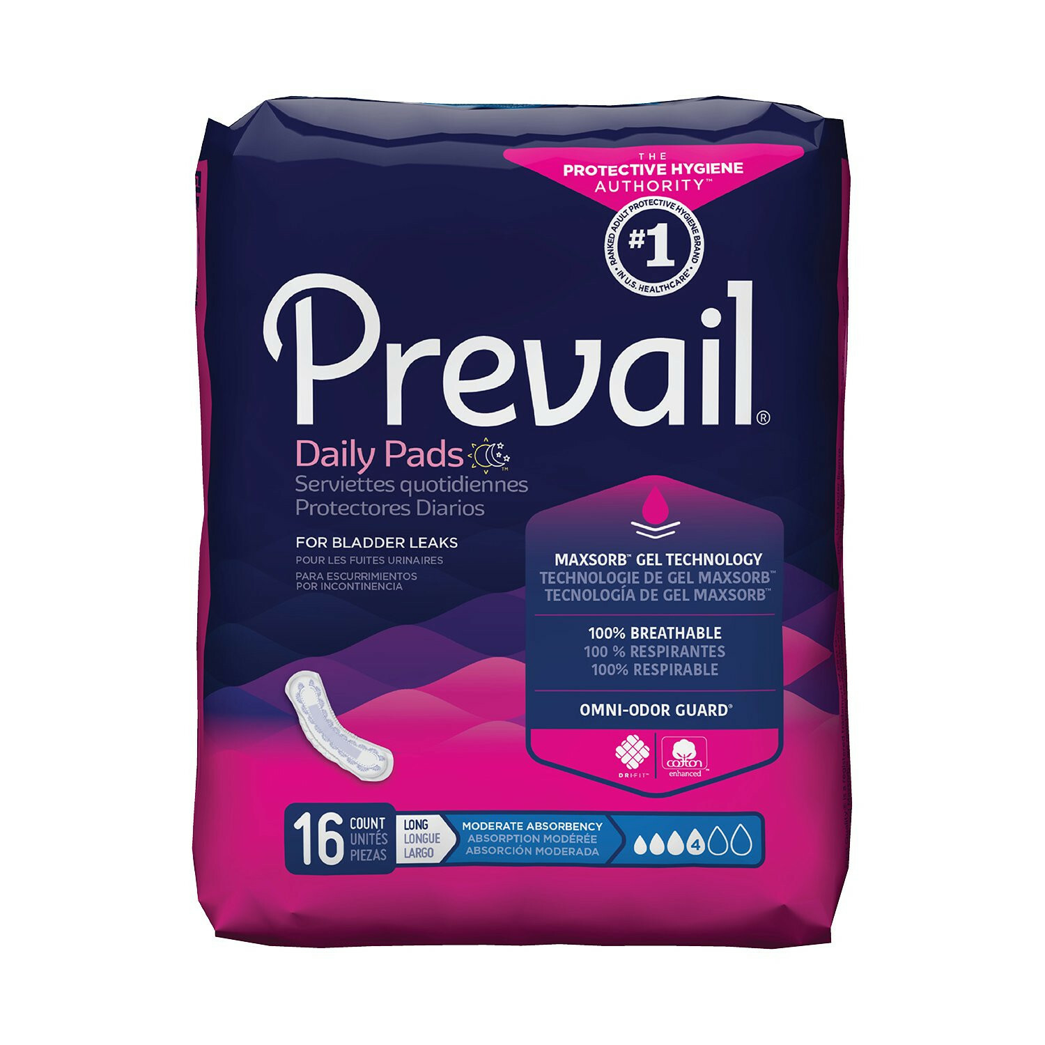 Prevail Bladder Control Pad, 11 Inch, Moderate Absorbency, BC-013 – Pack of 16