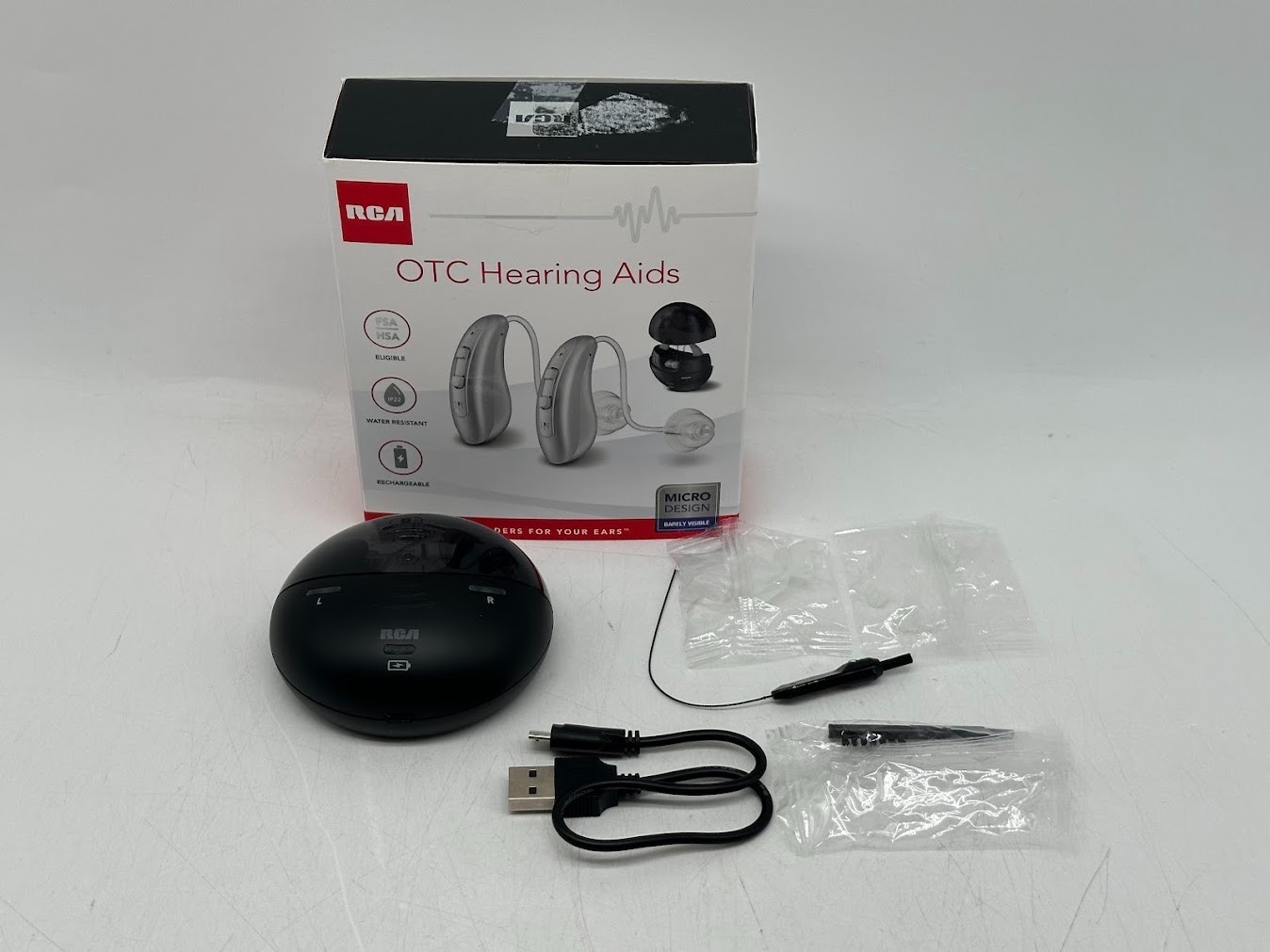 RCA OTC Behind-the-Ear Hearing Aids with Charging Case (Silver)