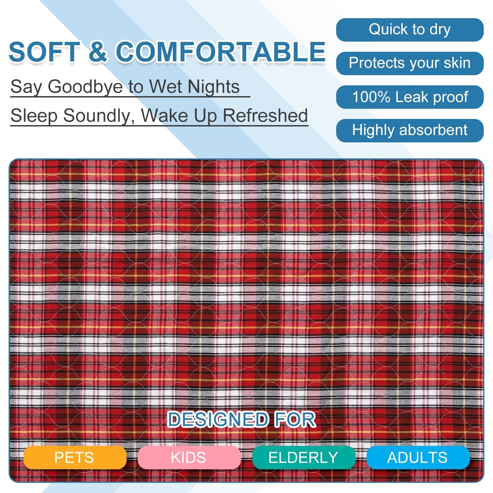 Washable Bed Pads 2 PCS 34×54 Inch Red Plaid Incontinence Underpads Reusable