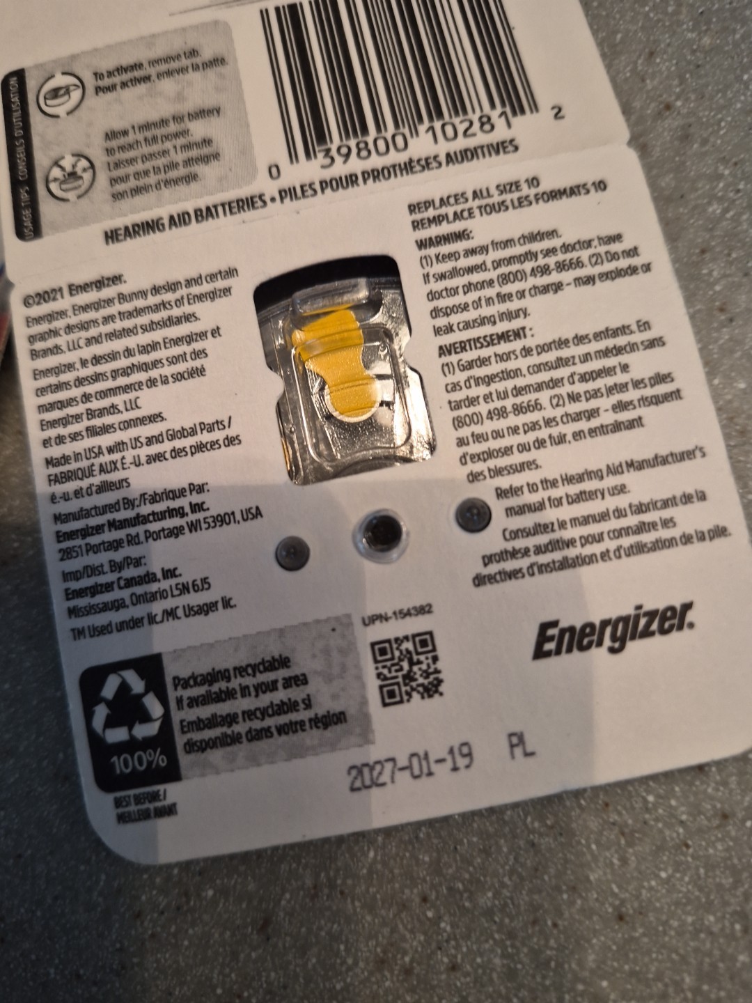Energizer 8Pk Hearing Aid Battery AZ10DP-8 Size 10 Exp: 01/2027