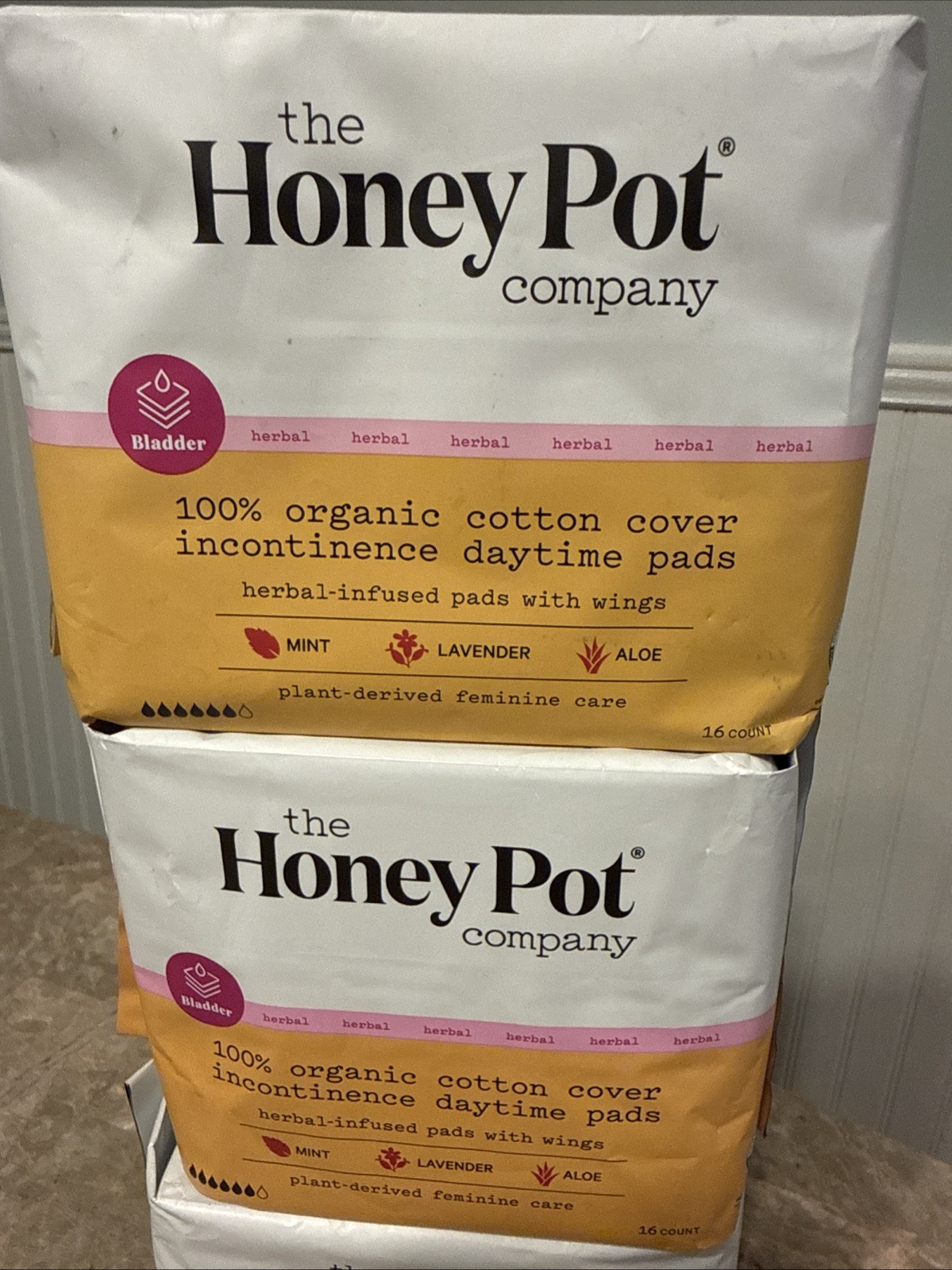 3 HONEY POT Incontinence Daytime Herbal-Infused 100% Cotton Pads Wings 16 X 3