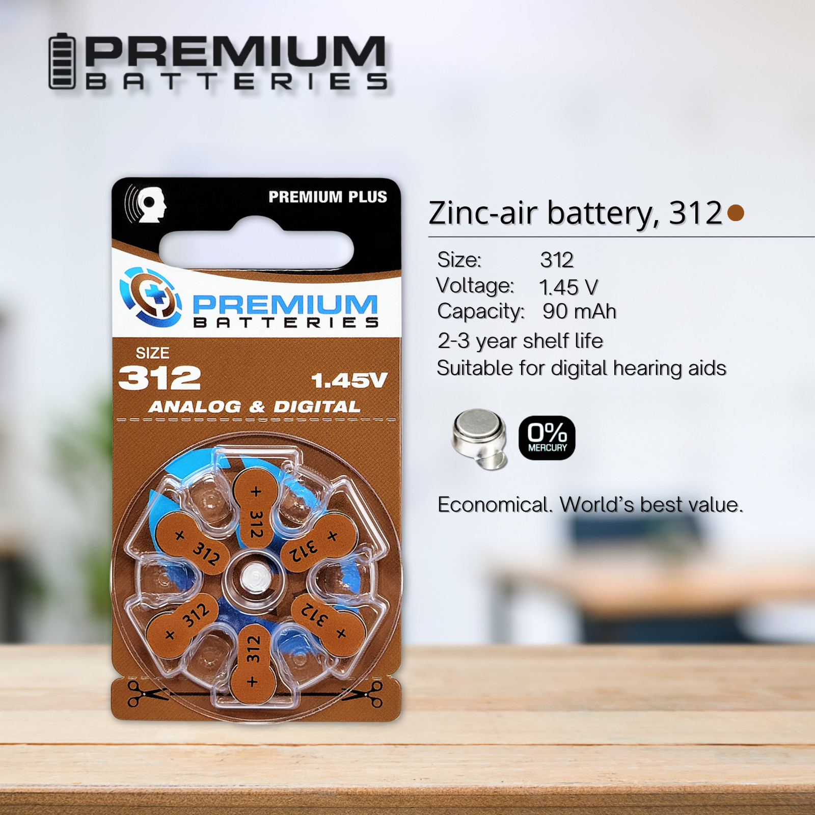 Premium Batteries Size 312 ZA312 1.45V Hearing Aid Batteries Brown Tab (12 Pack)